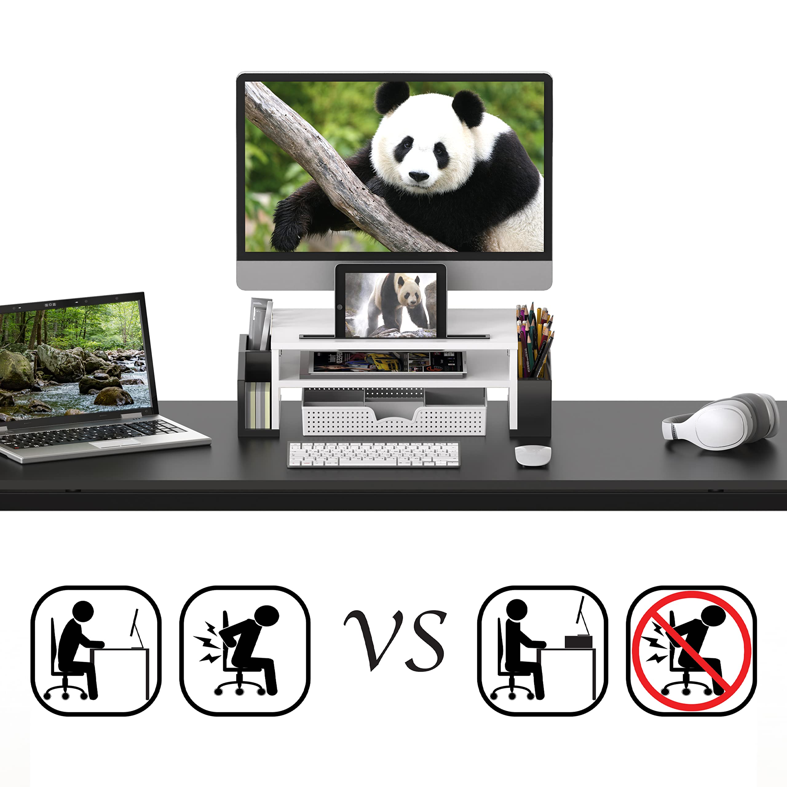 Simple Houseware Desk Monitor Stand Riser with Adjustable Organizer Tray, Dual Tone   Black / White