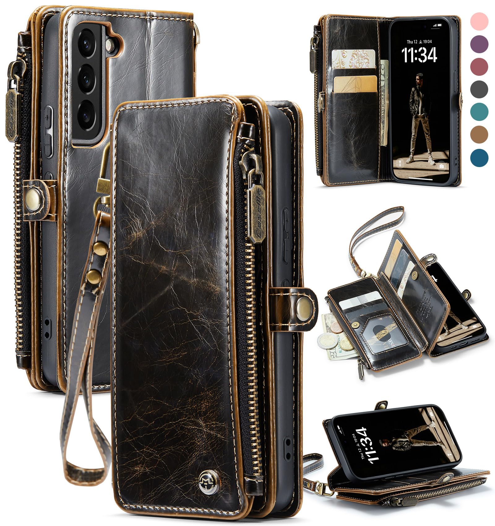 Defencase For Galaxy S22 Case, For Samsung Galaxy S22 Case Wallet For Women Men, Vintage Pu Leather Magnetic Flip Strap Zipper C