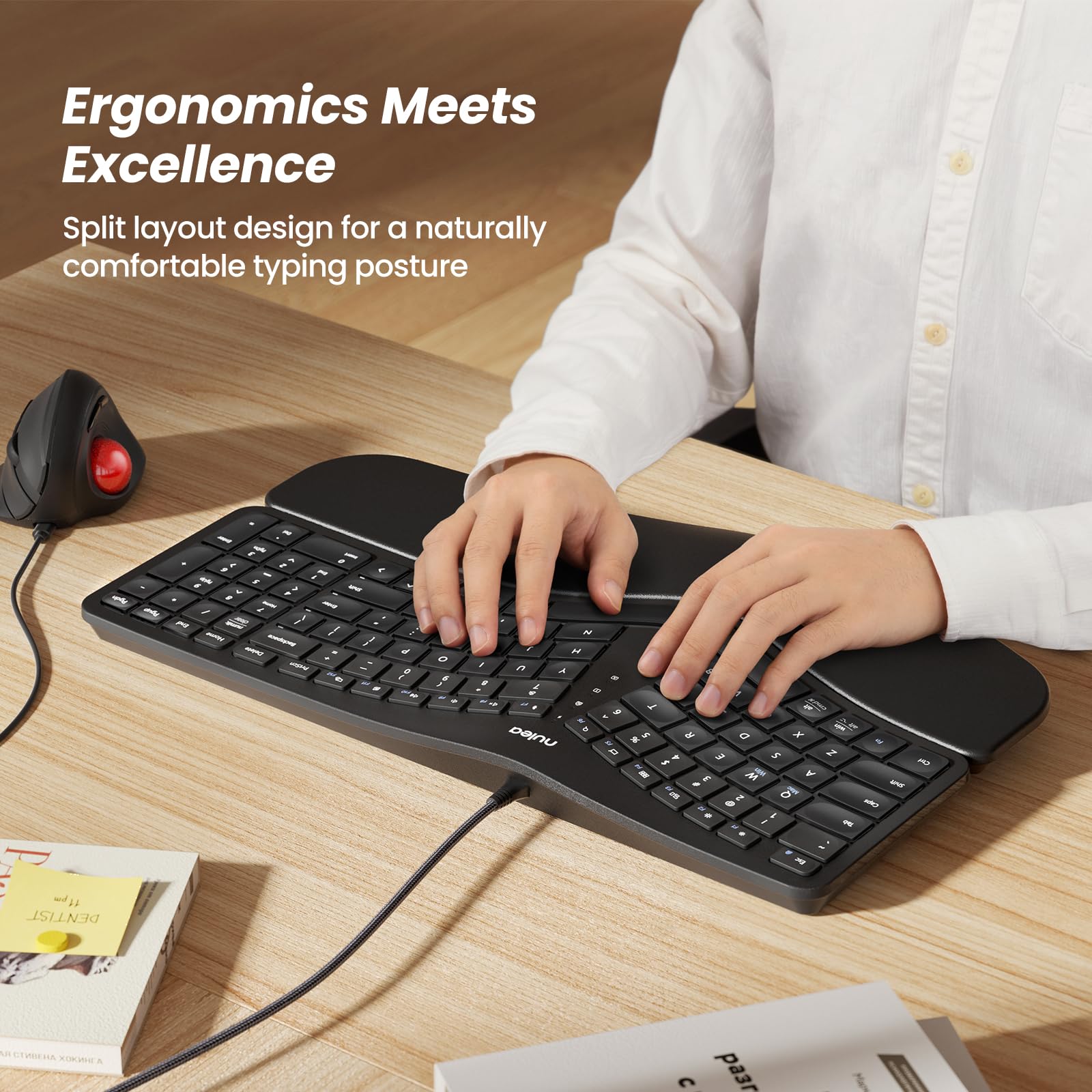 Nulea RT05C Wired Ergonomic Split Keyboard with Wrist Rest, Adjustable Tilt, USB, Black, Compatible with Windows/Mac