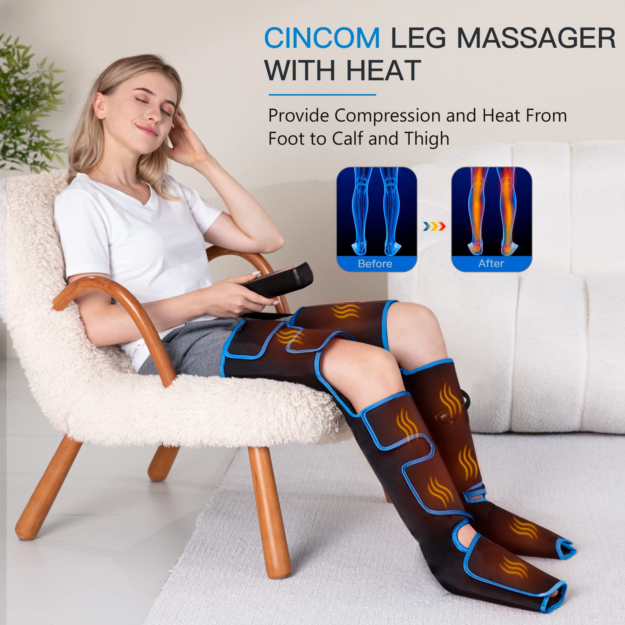 Cincom Leg Massager With Heat And Compression, 3 In 1 Foot Calf & Thigh Massager For Circulation And Pain Relief Helpful For Lym