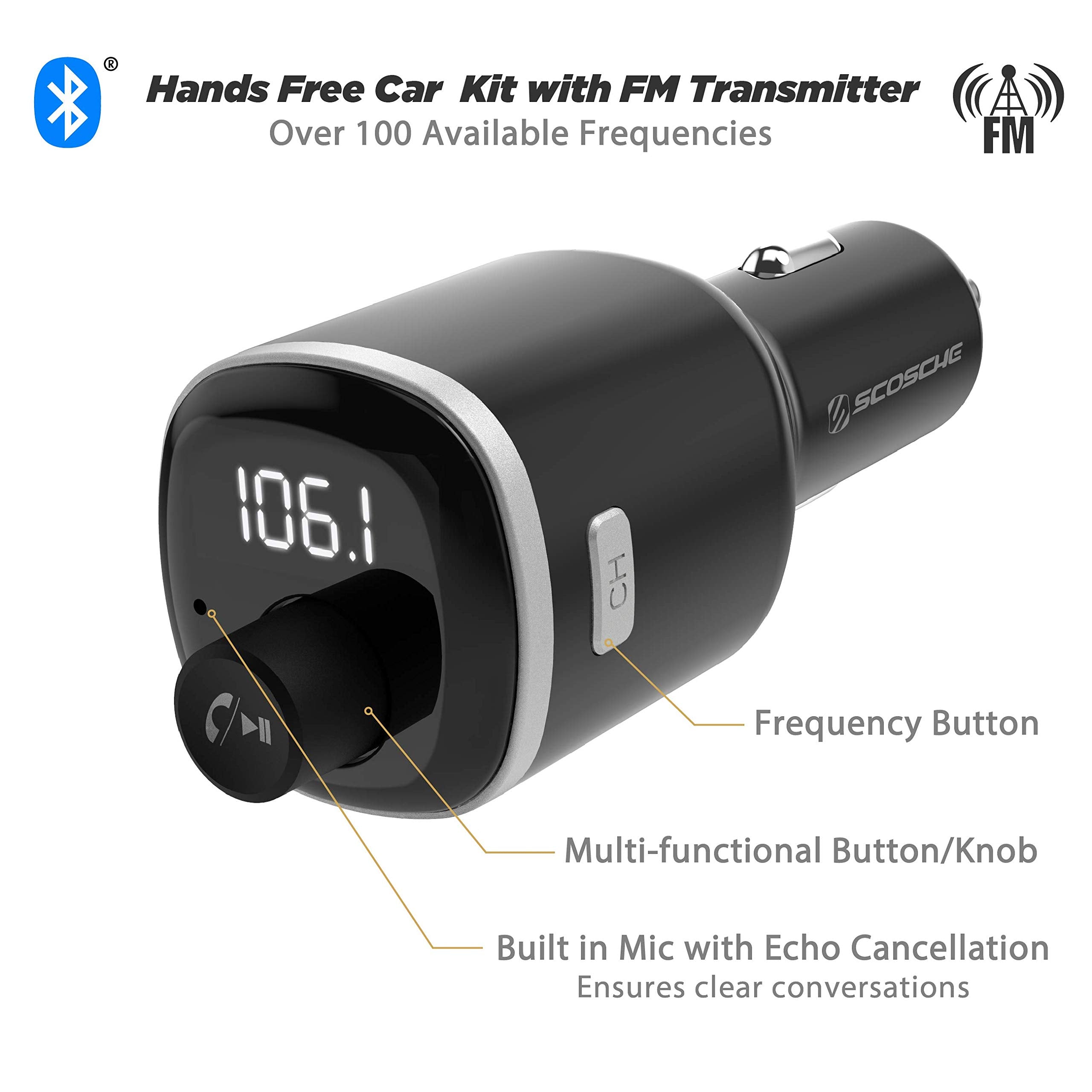 Scosche Btfm4 Btfreq Universal Bluetooth Handsfree Car Kit With Fm Transmitter And Dual Usb Ports, Black