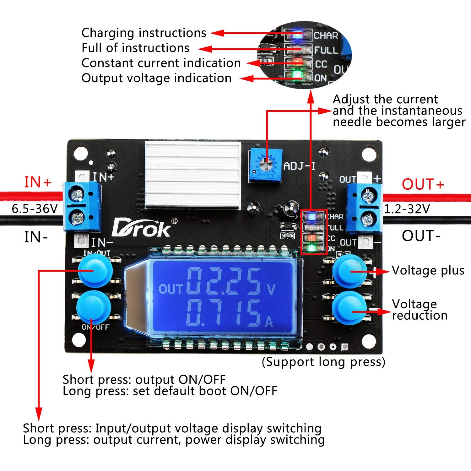Drok Buck Converter 12V To 5V, Voltage Regulator Board Dc 6.5 36V 24V Step Down To Dc 1.2V 32V 12 V Volt Transformer Reducer 4.5