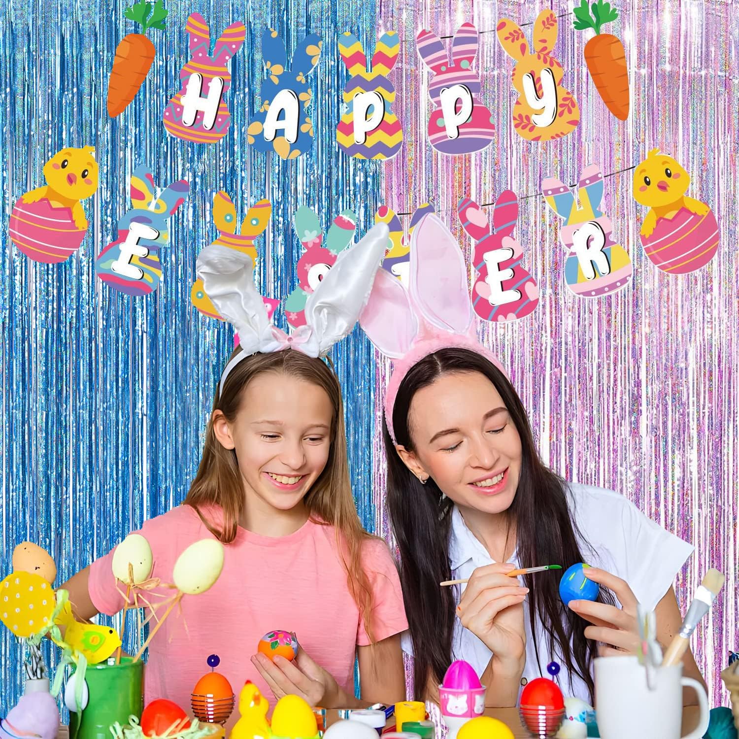 Braveshine Pink Blue Tinsel Foil Fringe Curtains   2Pcs 3.2X8.2Ft Holidays Photo Streamers Backdrop For Girl Or Boy Birthdays Br