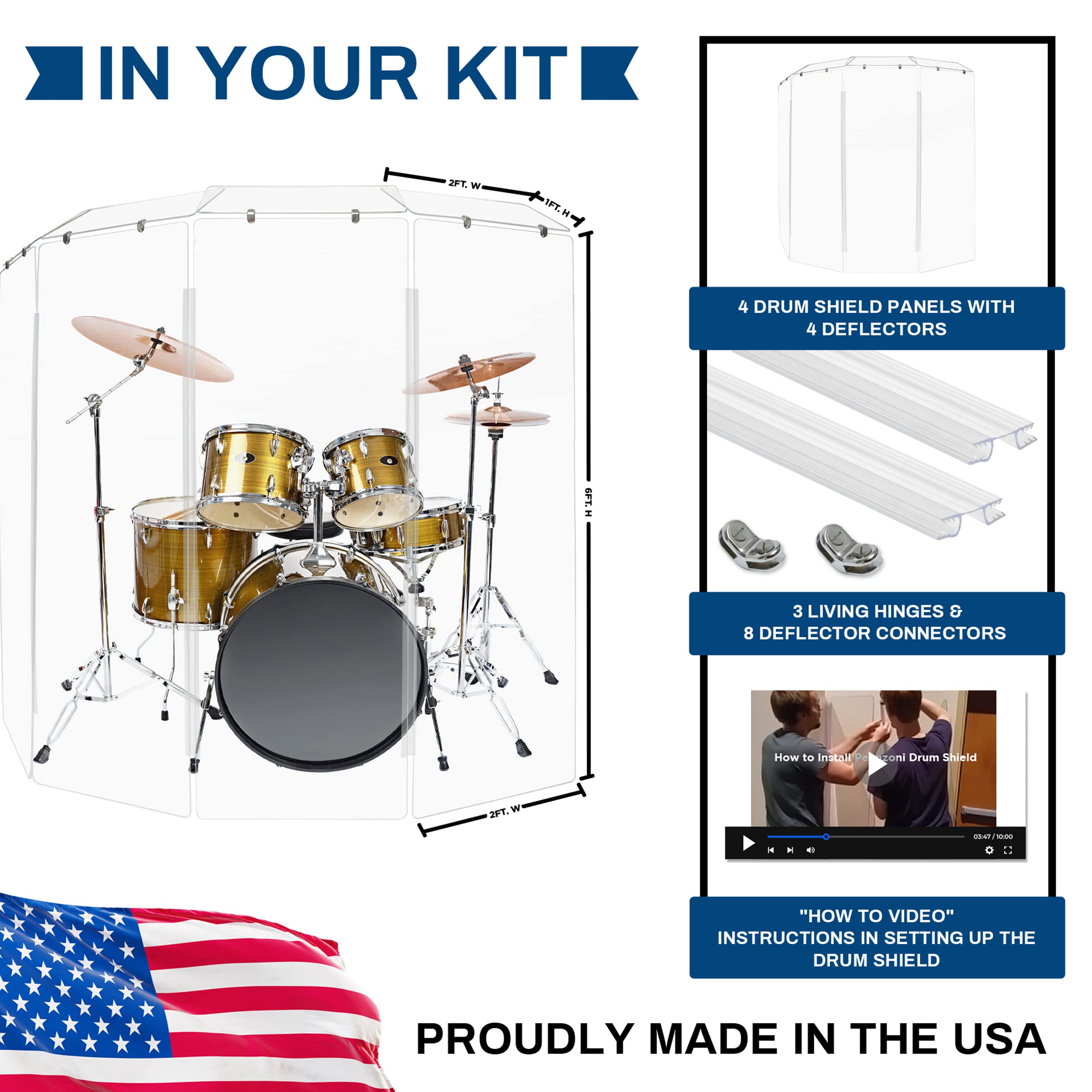 Pennzoni Drum Shield 6Ft W/Deflectors & Plastic Hinges, Comes W/ 4 Drum Panels, Plastic Hinges & Deflector Connectors, Premium C