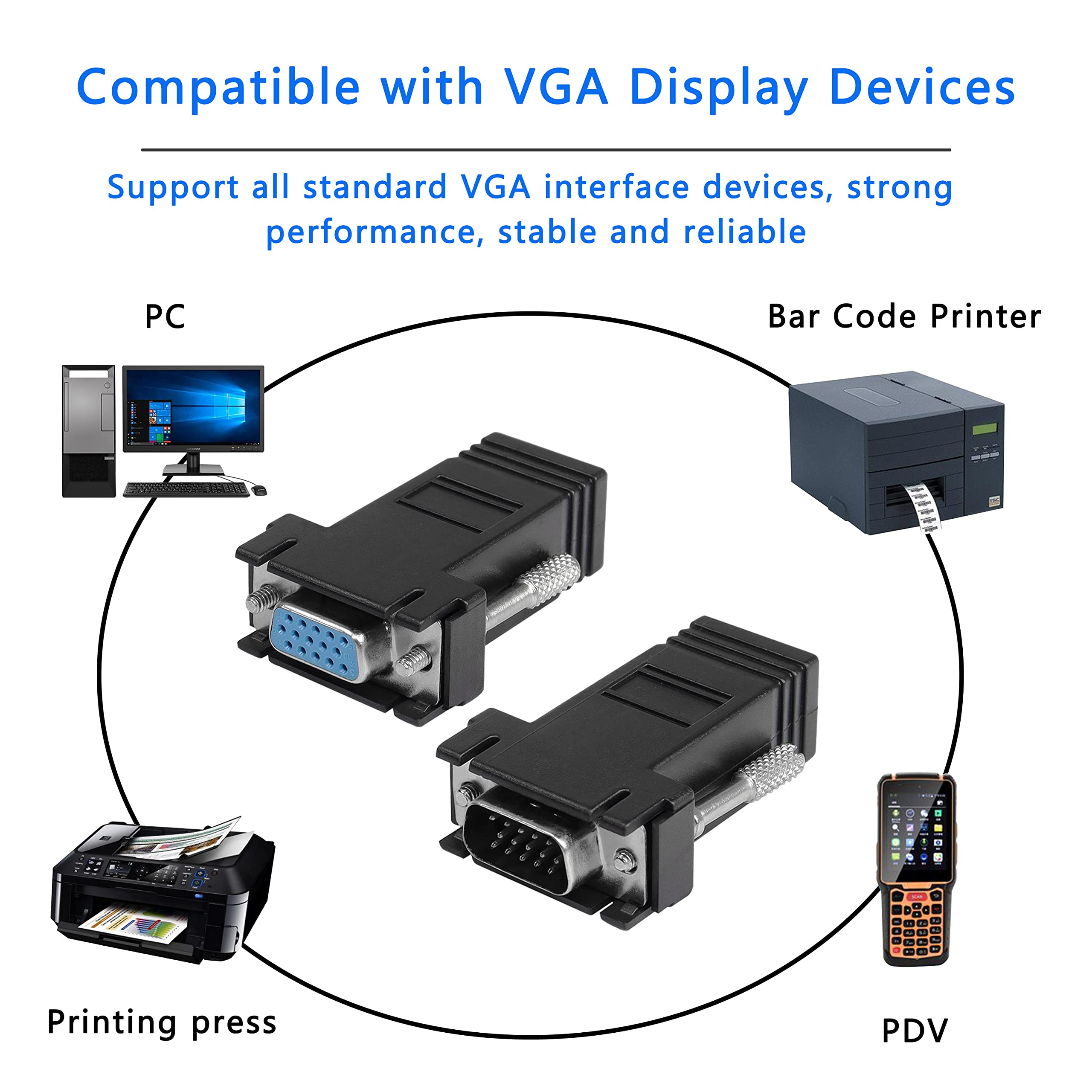 Gelrhonr Vga Extender Over Ethernet Adapter, Vga To Rj45 Signal Extender Adapter, Vga 15 Pin Male/Female To Rj45 Female Extender