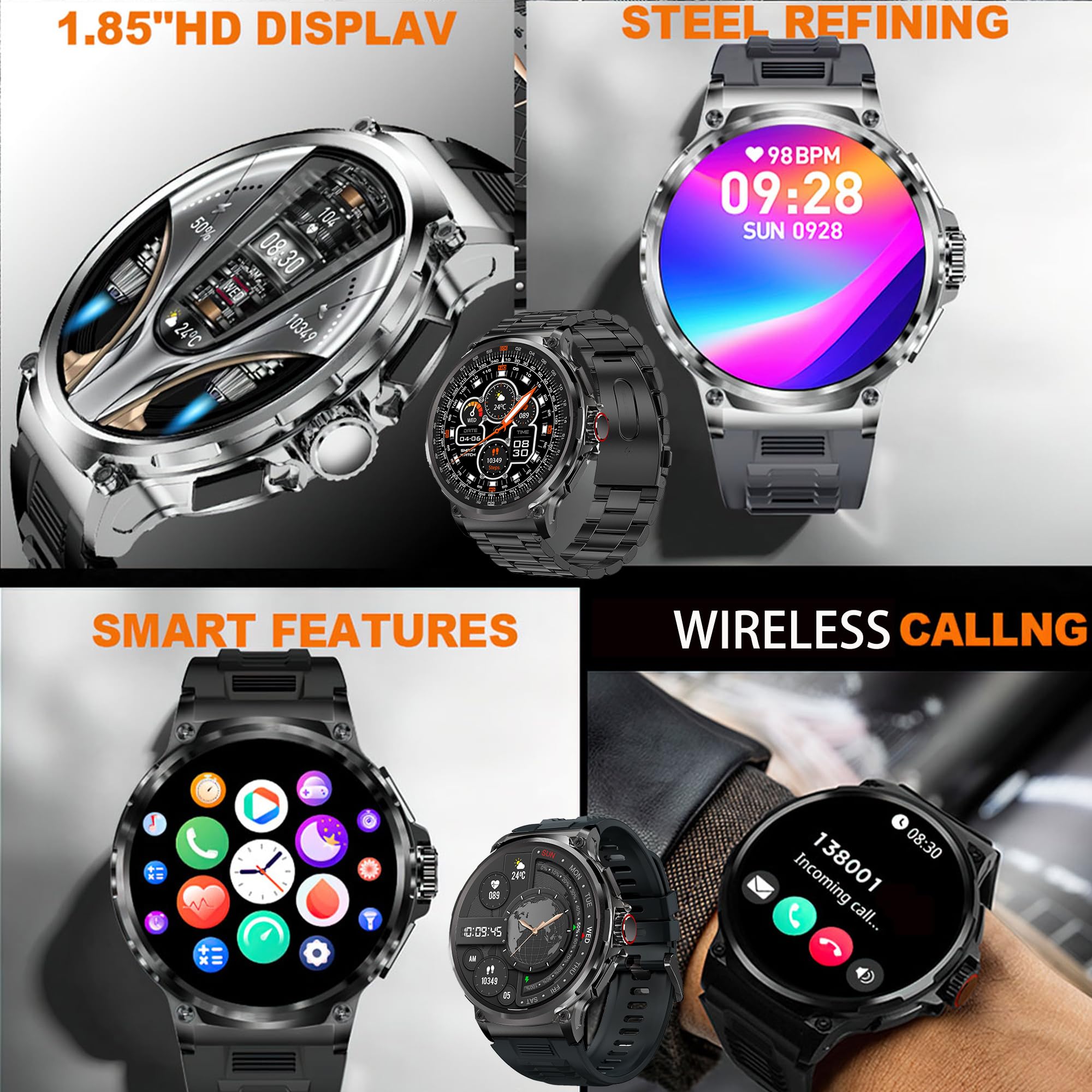 1.85 '' Round Hd Military Smart Watch For Men(Make/Answer Call), 710Mah Battery, Tactical Fitness Tracker Smartwatch For Android