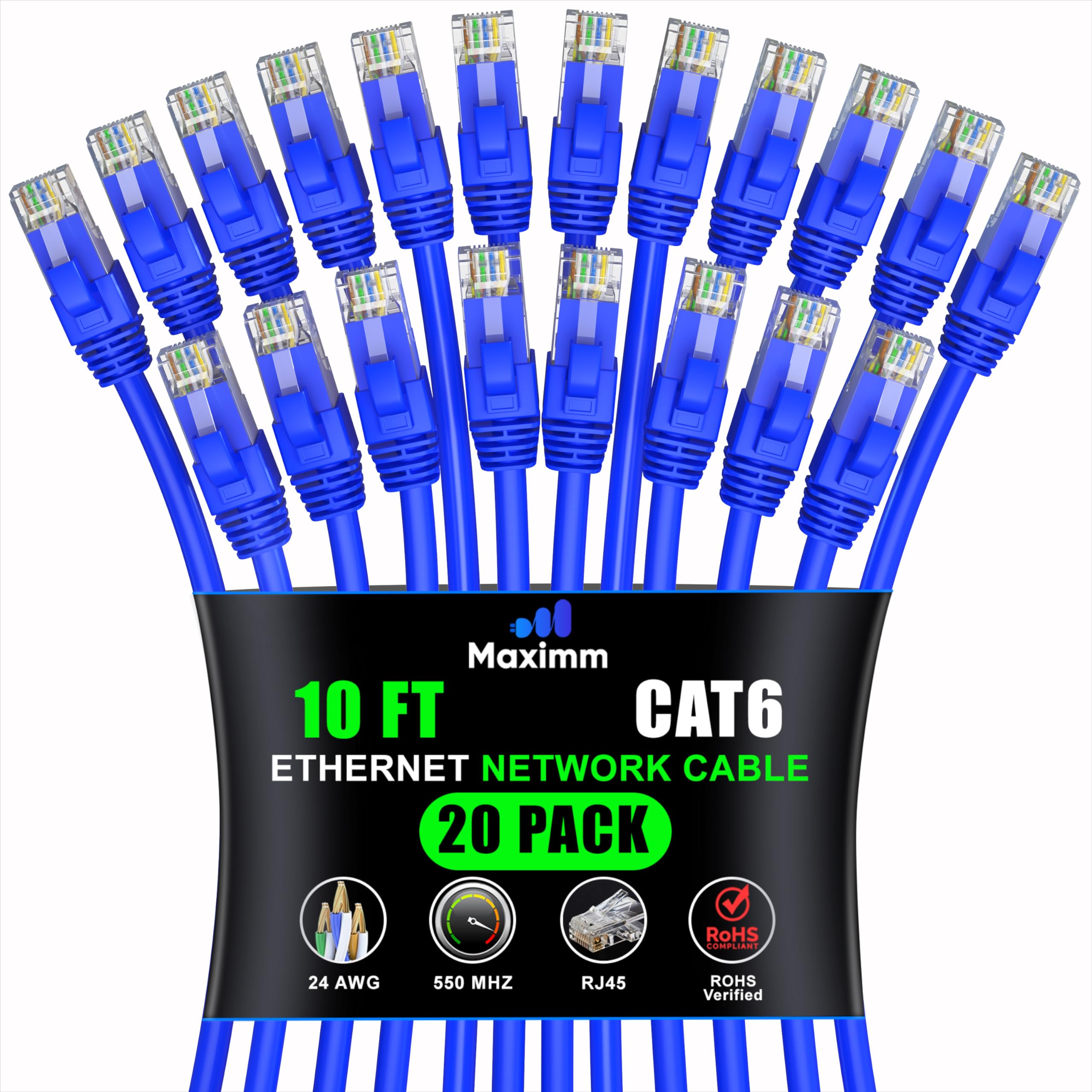 Maximm Cat 6 Ethernet Cable 10 Ft (20 Pack)   High Speed Lan Cable, Internet Cable, Patch Cable, And Network Cable   Utp, 10Gbps, 550Mhz Ethernet Cord   Blue