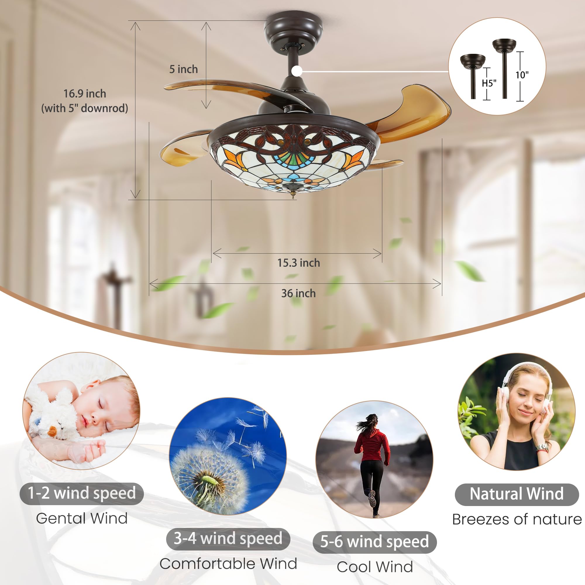 Apbeamlighting 36'' Tiffany Style Ceiling Fan With Lights, Remote Control Led Dimmable Fandelier Fixture With 4 Retractable Reve
