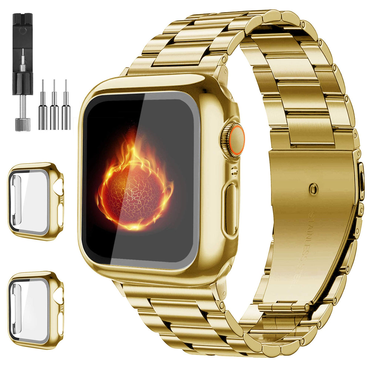 Bekomo 3 Pack Apple Watch Band With Screen Protector Case, Stainless Steel Metal, Elegant Design, Easy Adjustment, High Tech Sur