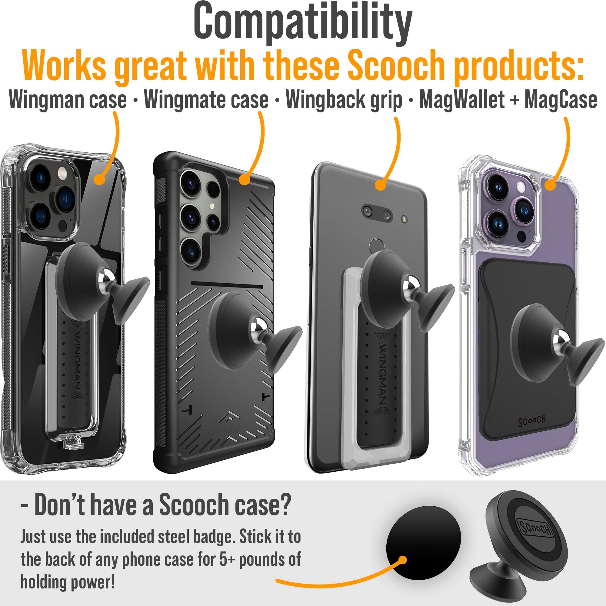 Scooch Magnetic Phone Mount For Car Compatible With Any Smartphone [Wingmount] Strong Magnets, Adjustable Magnetic Phone Holder