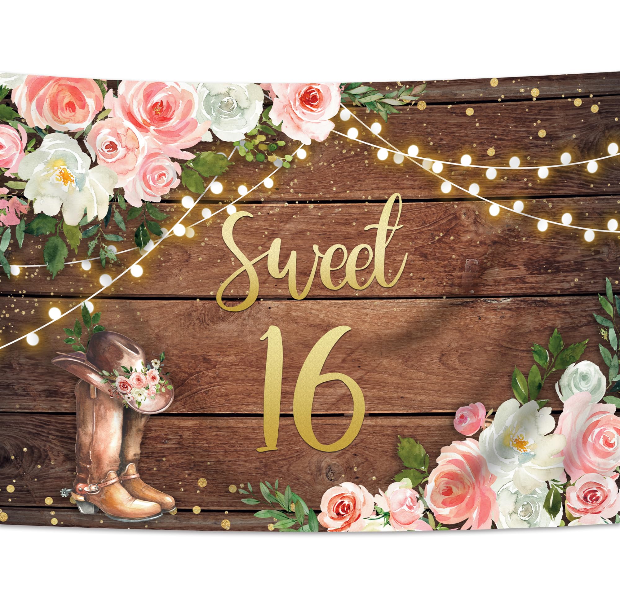 Svbright Sweet 16 Backdrop 7Wx5H Western Cowgirl Happy Birthday Rustic Country Wood Plank Pink White Floral Flower Rose Retro Bo