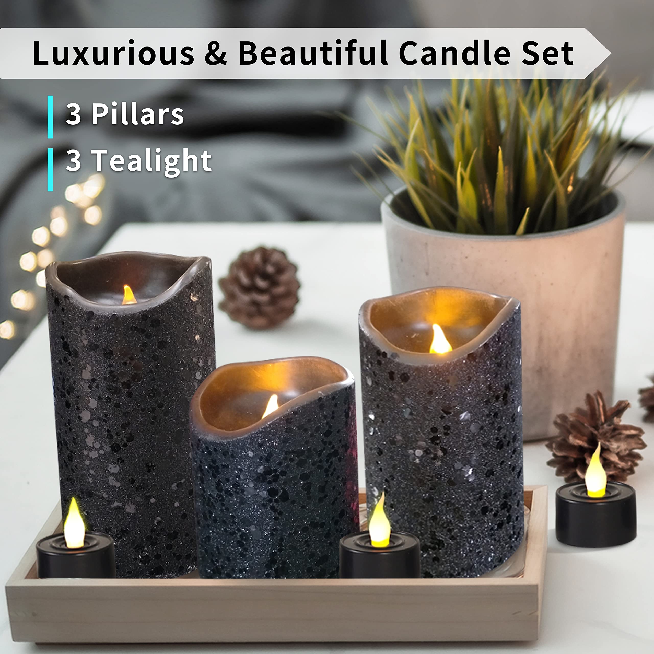 Furora Lighting Led Flameless Candles, Set Of 6 Battery Operated, Ideal For Home Decor With Timer Function, Black Glittery Finis