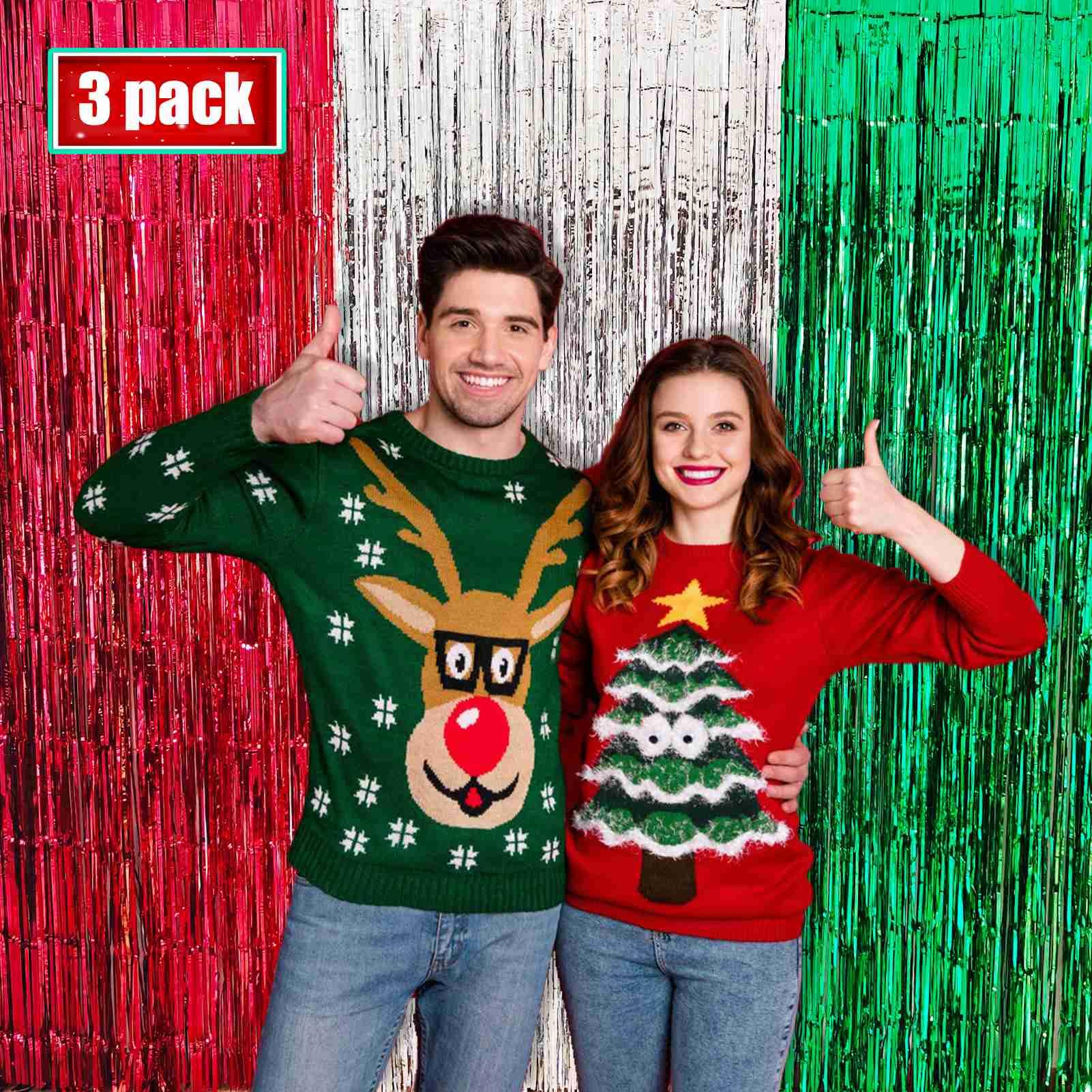 Christmas Foil Fringe Curtain  3 Pack Of 3.2X8.2Ft Red Silver Green Tinsel Fringe Backdrop Streamers For Christmas Ugly Sweater