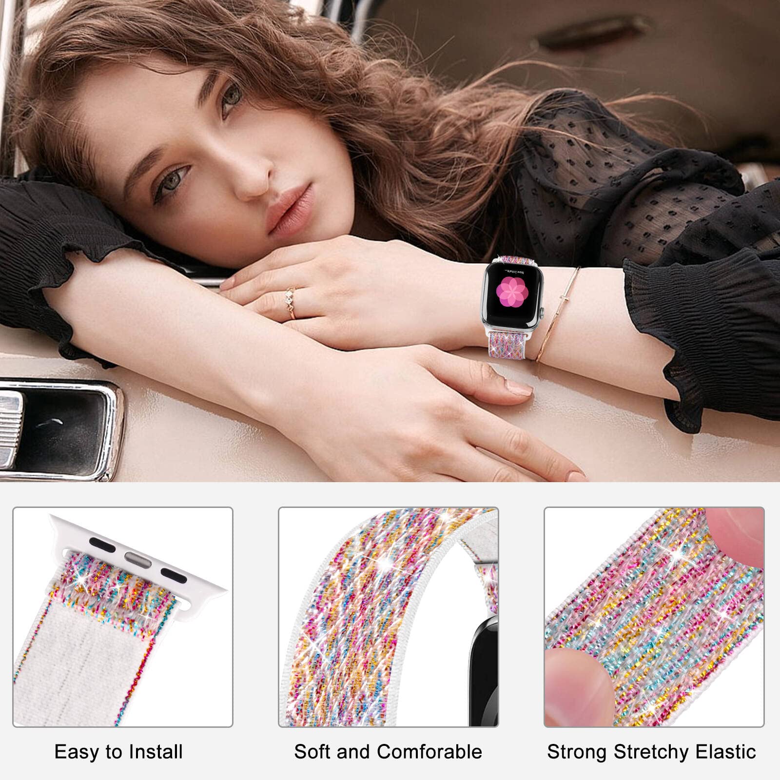 Enjiner Dehnbare Nylon Solo Armbnder, Kompatibel Mit Apple Watch, 38 Mm, 40 Mm, 41 Mm, 42 Mm, 44 Mm, 45 Mm, 49 Mm, Ohne Schnalle