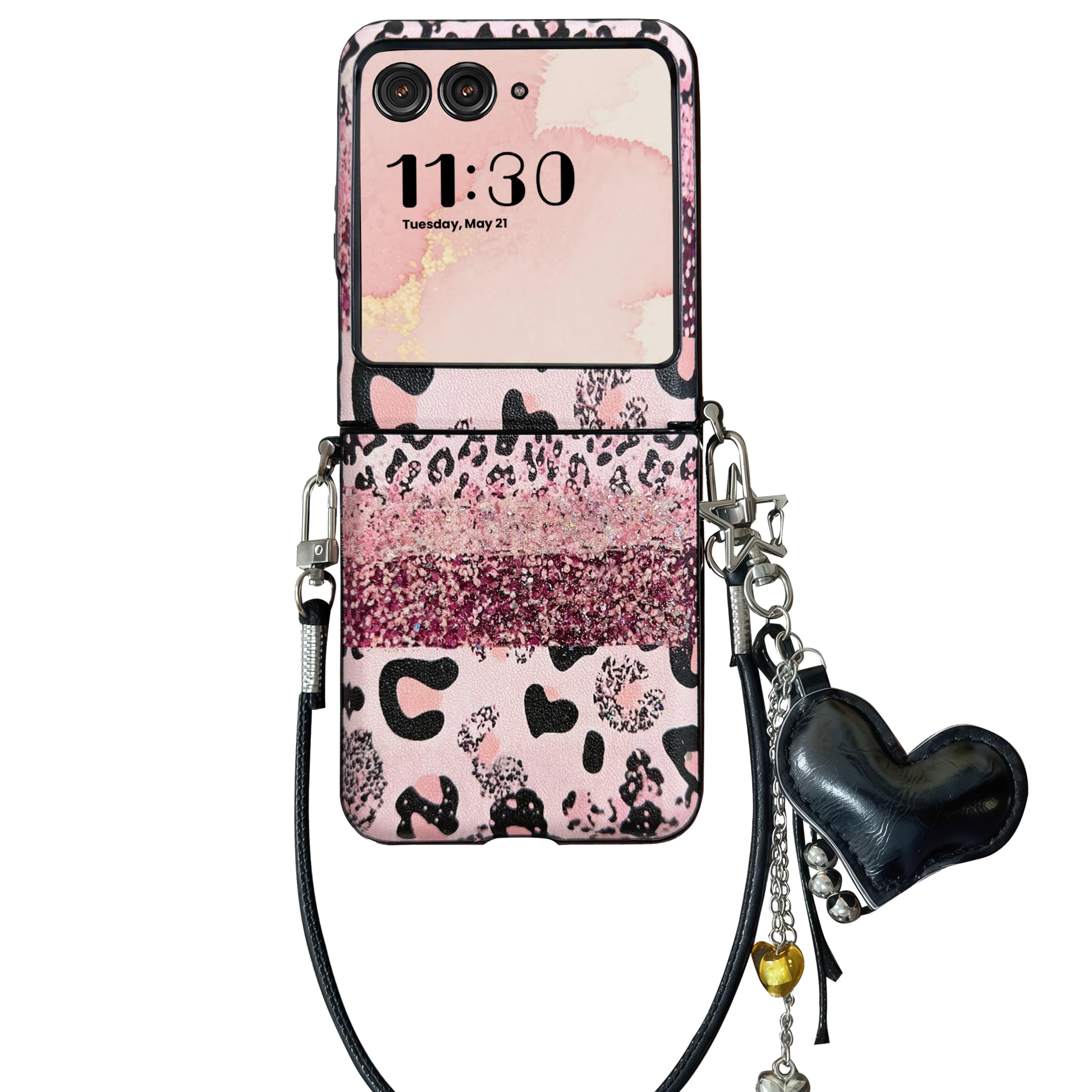 Pink Leopard Print Cute Case for Motorola Razr 2026/2025/2024 with Strap