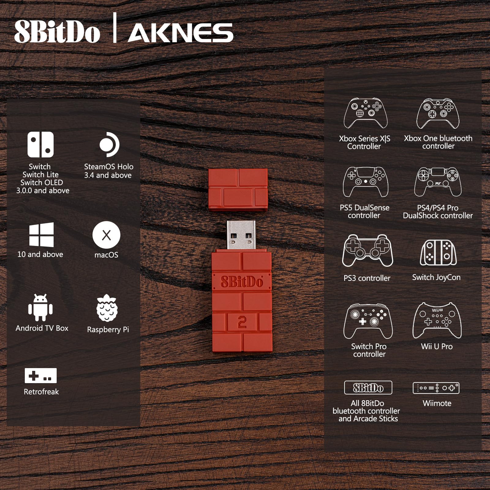 Aknes 8Bitdo Usb Wireless Controller Adapter 2 Converter Dongle For Switch/Switch Oled, Windows, Raspberry Pi, Ps5/Ps4/Ps3, Xbox