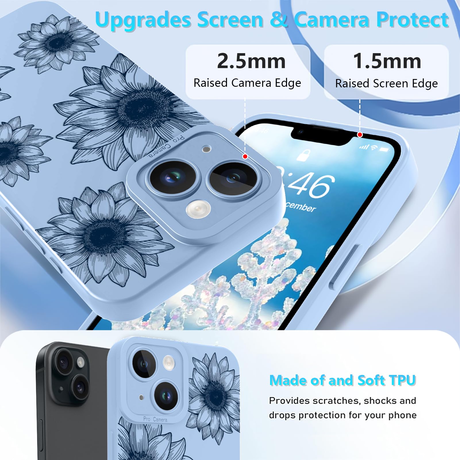 Ook Floral Case For Iphone 13 Case, Cute Sunflower Floral Blooms Design Soft Tpu Shockproof Protective For Women Girls Slim Phon