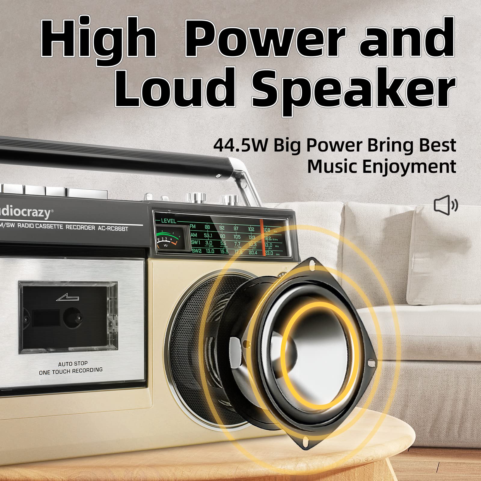 Audiocrazy Retro Boombox Cassette Player Am Fm Sw Radio, Cassette Recorder With Built In Microphone, Wireless Streaming, Usb Por