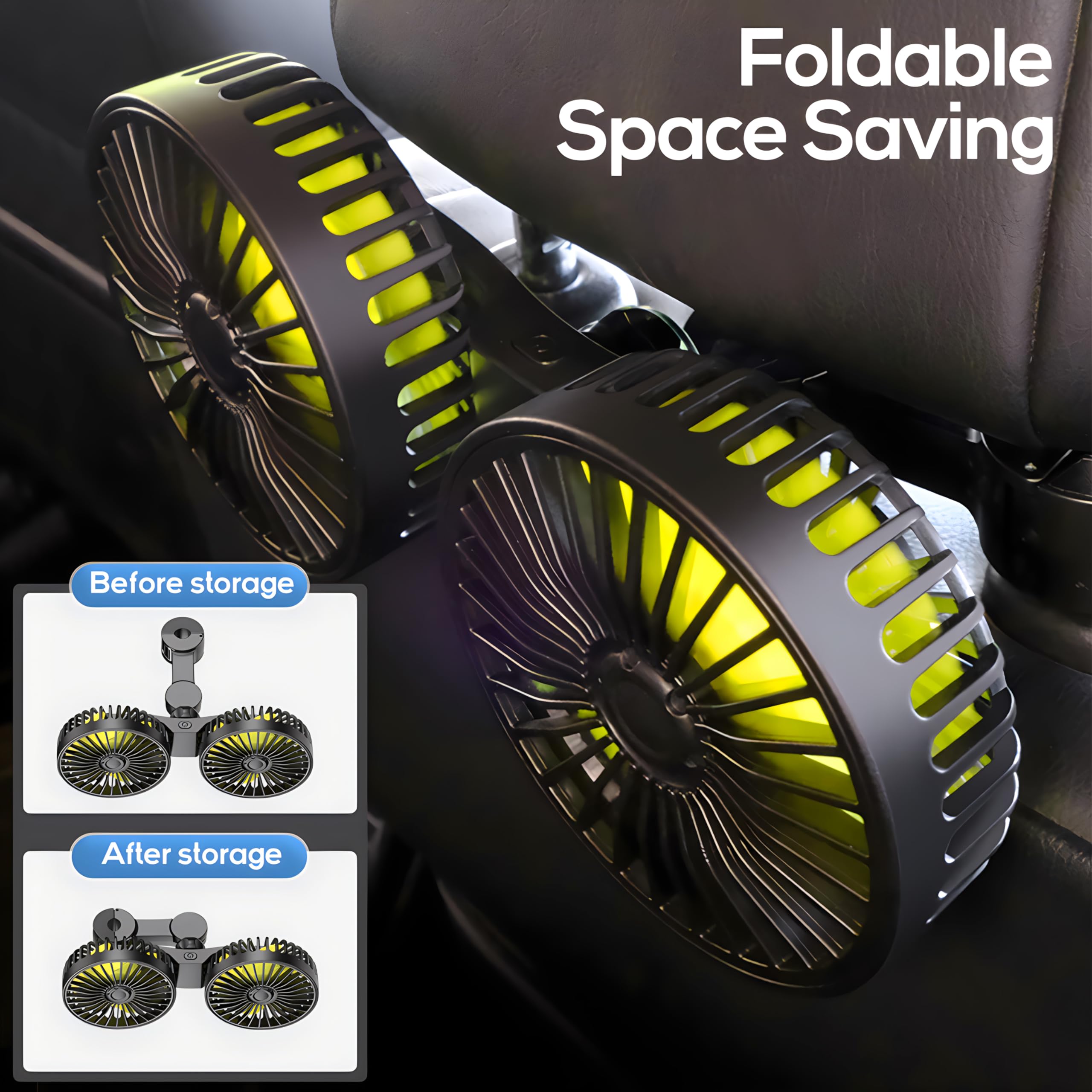 Dealswin Car Fan For Backseat Kids, Dual Head Usb Car Seat Fan, 360 Rotatable Strong Wind Car Rear Headrest Fan For Baby, Air Ci