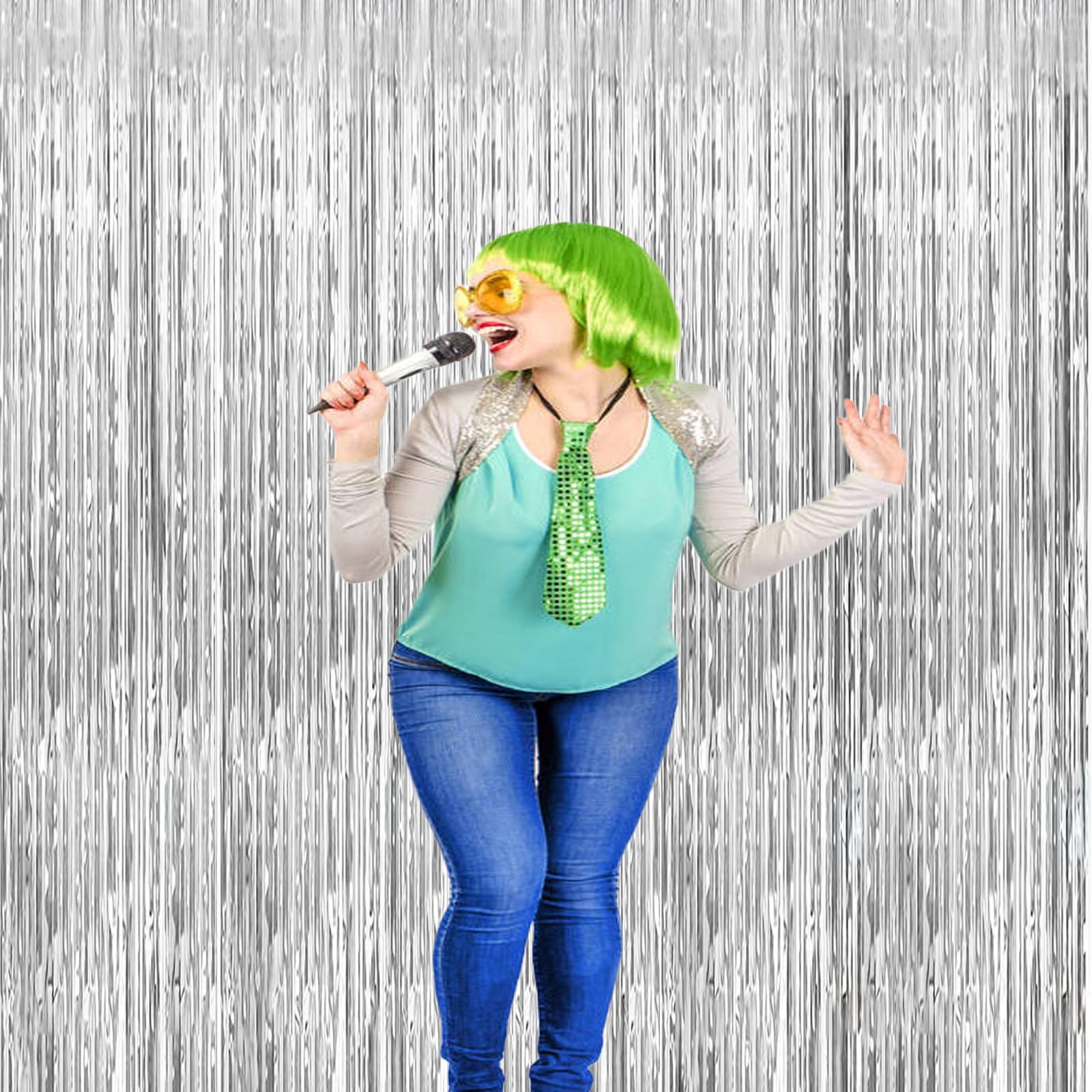 2 Pack Silver Metallic Tinsel Foil Fringe Curtains Party Photo Backdrop Party Streamers For Birthday,Graduation,New Year Eve Dec