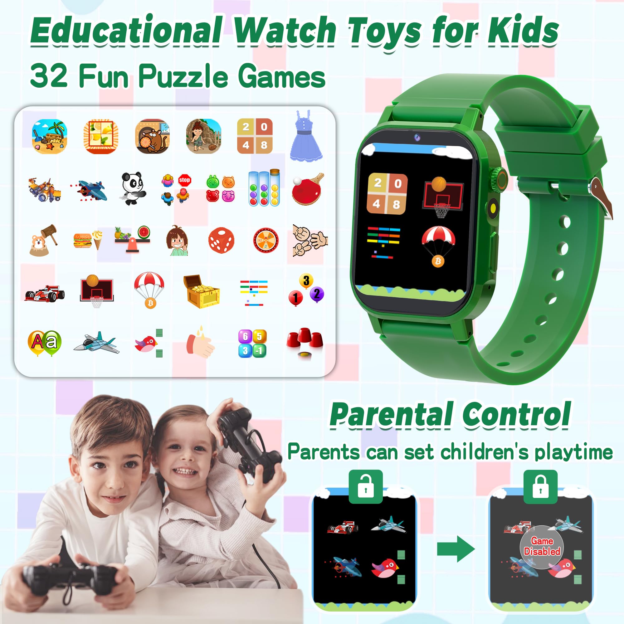 Kids Smart Watch With 32 Puzzle Games, Hd Touch Screen Watches With Video Camera Music Alarm Clock Audiobooks Pedometer Flashlig