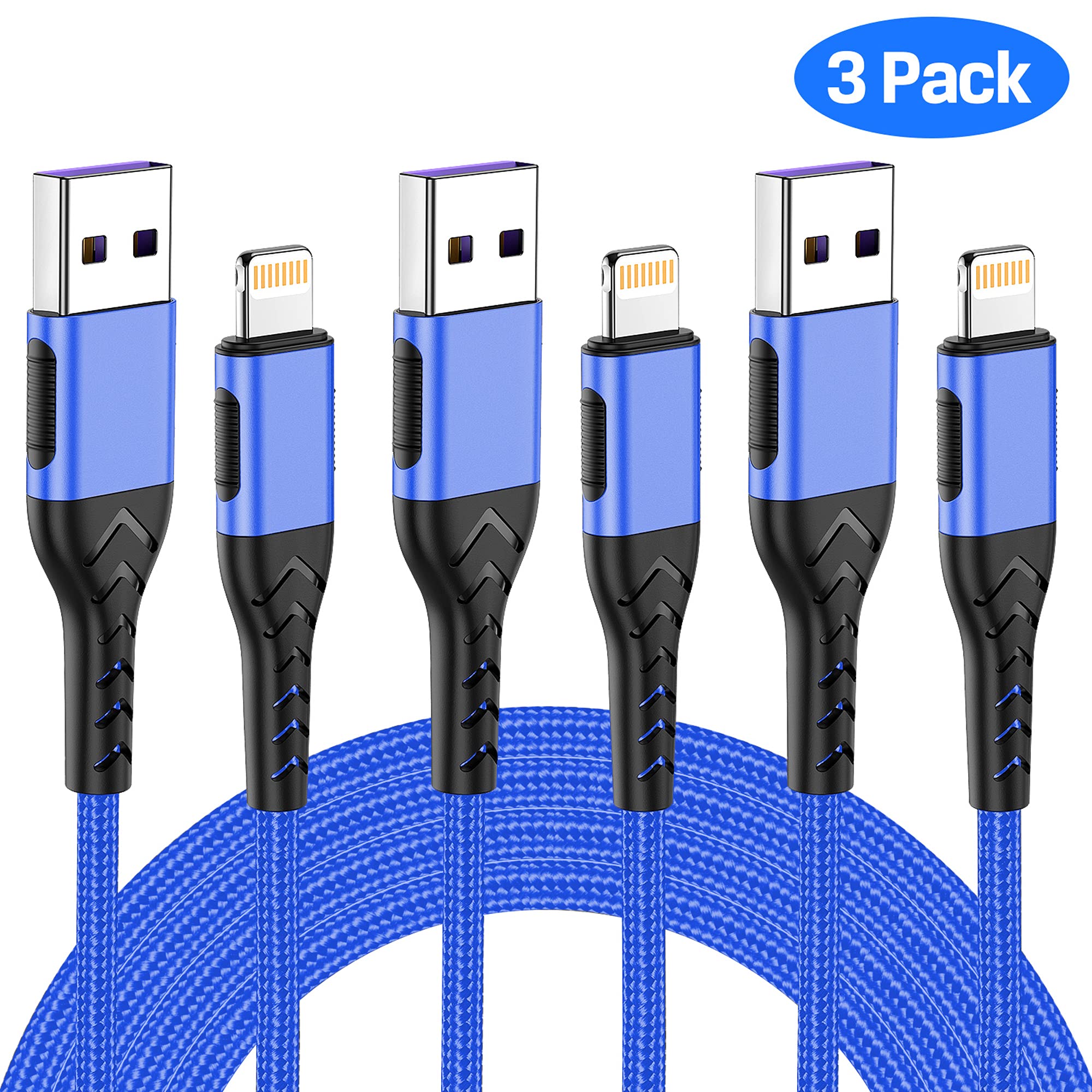 Iphone Charger, [Apple Mfi Certified] 3Pack 10Ft Lightning Cable For Long Charger Cable, Fast Charging Cord Compatible With With Iphone Xs Max/Xs/Xr/X/8/7/6S/6/Plus/Se/Ipad(Blue)