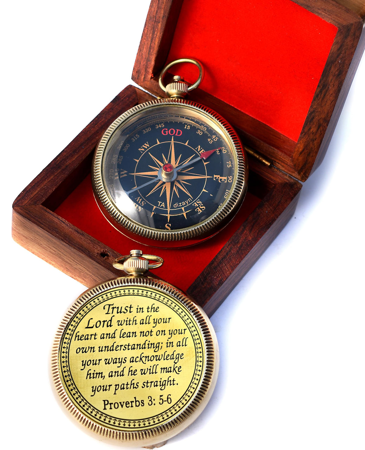 Trust In The Lord With All Your Heart -Proverbs 3: 5-6 Quote Engraved Compass With Wooden Box, Camping Compass, Gift Compass, Gi