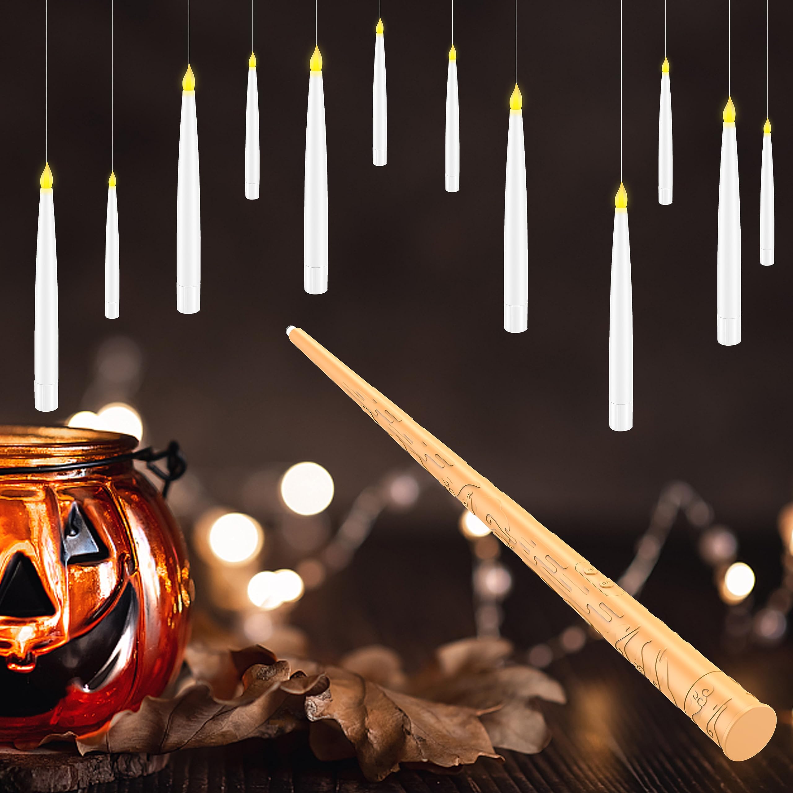 Halloween Decorations, Floating Candles With Wand, Magic Hanging Candles Flickering Warm Light Flameless Led Taper Candle, Batte