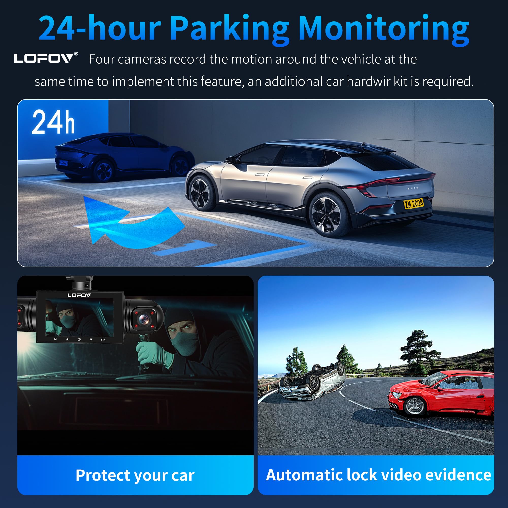 360 4 Channel Dash Cam Front And Rear Inside Left Right, Lofov Dash Camera For Cars Fhd 4 * 1080P, Free 64Gb Card Black Box Traf