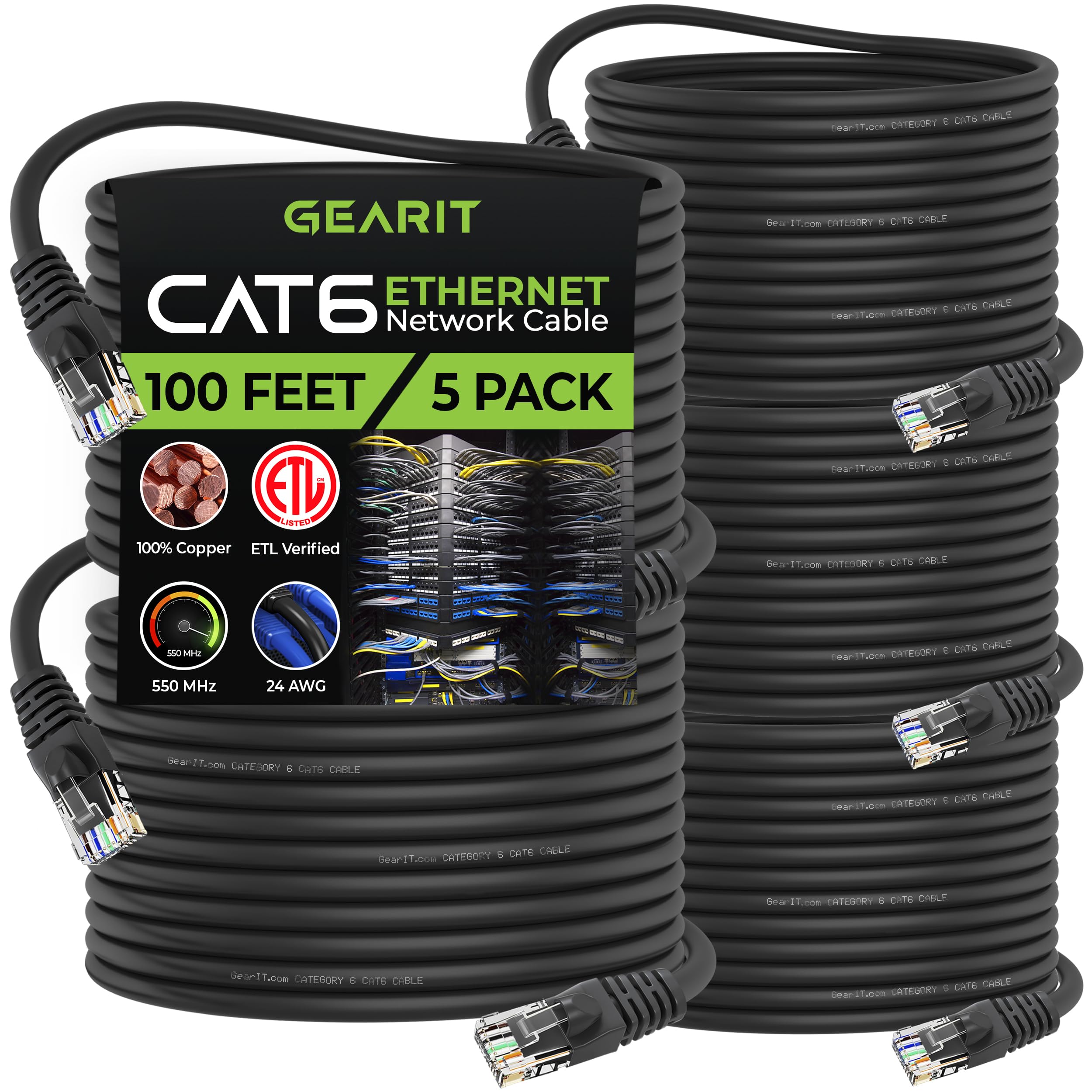 Gearit Cat 6 Ethernet Cable 100 Ft (5 Pack)   Cat6 Patch Cable, Cat 6 Patch Cable, Cat6 Cable, Cat 6 Cable, Cat6 Ethernet Cable,
