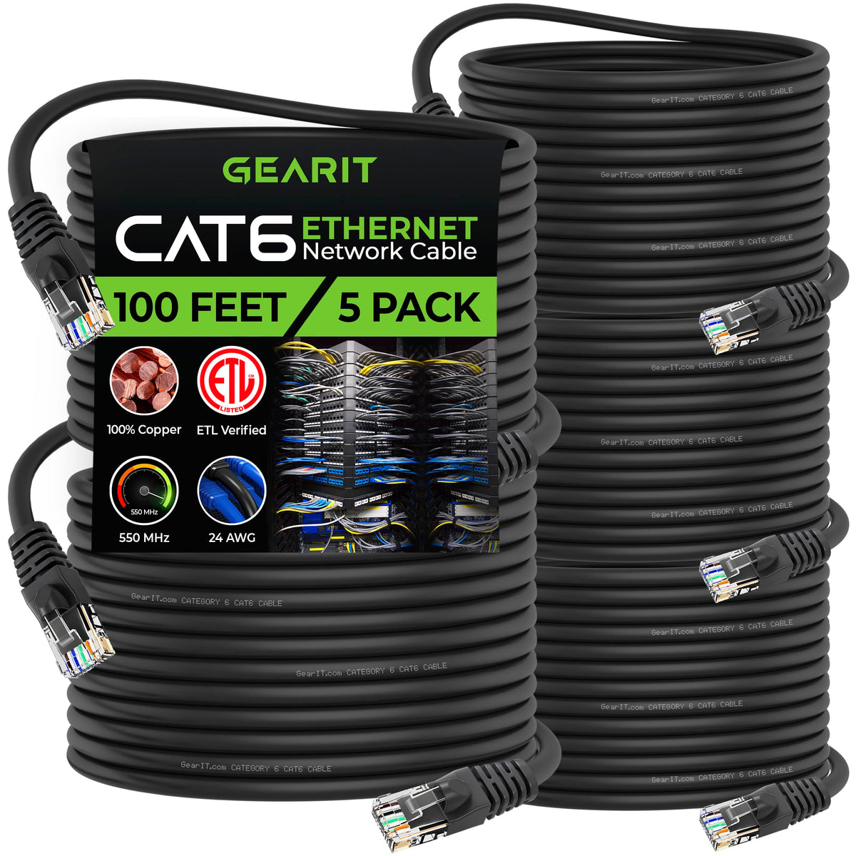 Gearit Cat 6 Ethernet Cable 100 Ft (5 Pack)   Cat6 Patch Cable, Cat 6 Patch Cable, Cat6 Cable, Cat 6 Cable, Cat6 Ethernet Cable,