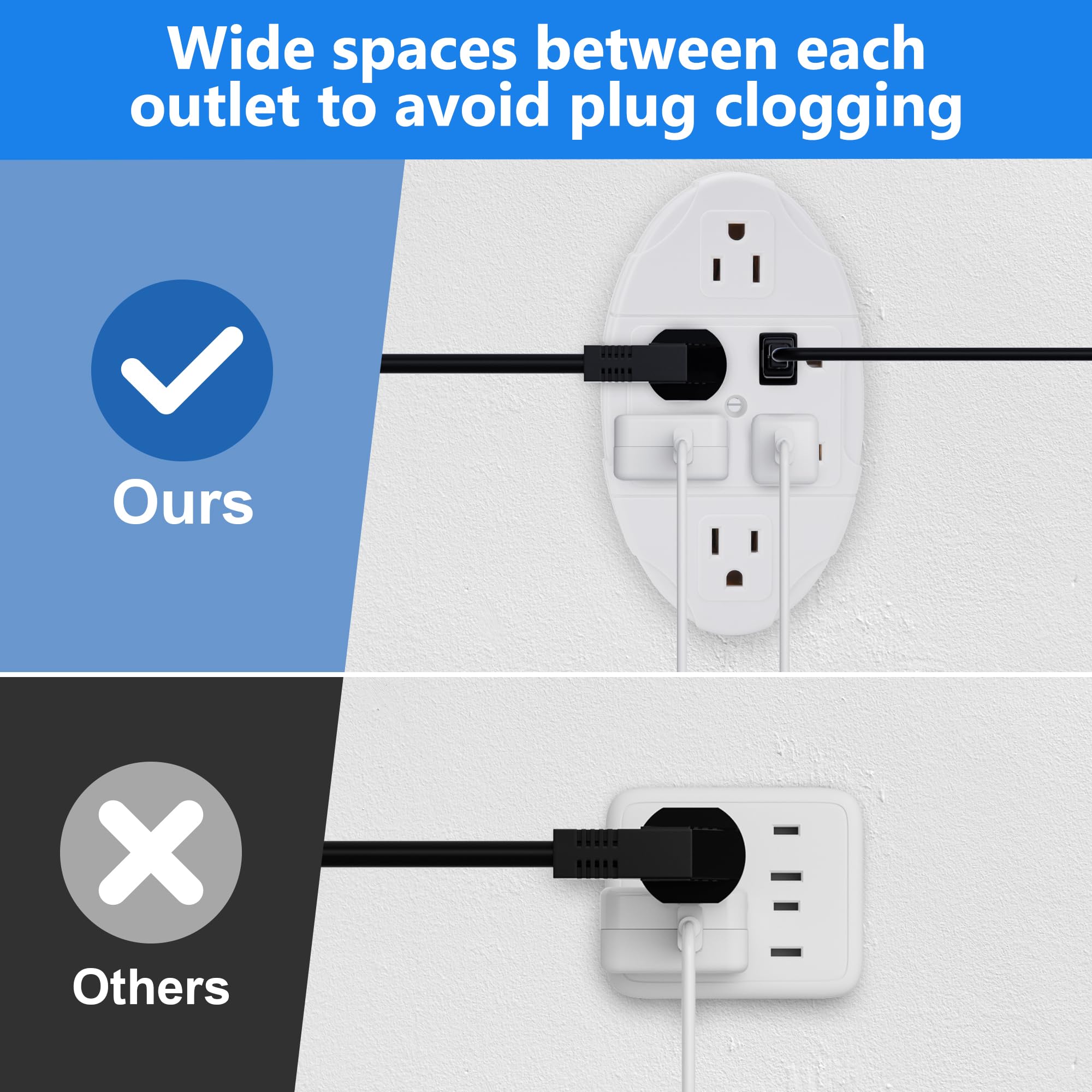 6 Outlet Extender, 3 Prong Electrical Outlet Splitter, Multi Plug Outlet, Easy Install, Grounded Wall Tap, Space Saving Design,