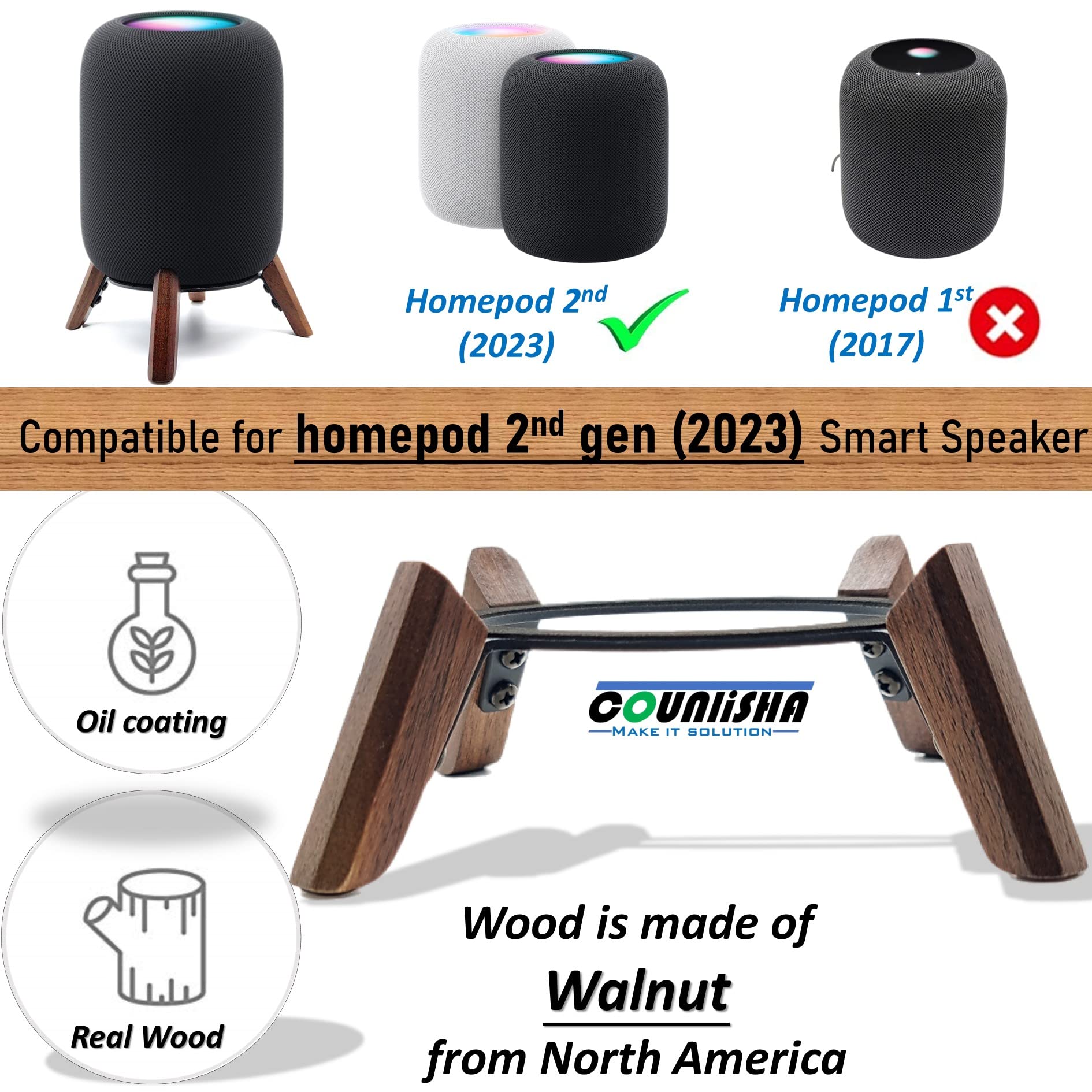 Real Wood Stand For Homepod 2Nd Gen (2023 Released), Wooden Holder With Metal Frame For Better Sound,Sturdy Stable Mount With Anti Slip Protects Apple Home Pod 2Nd Smart Speaker (Walnut)