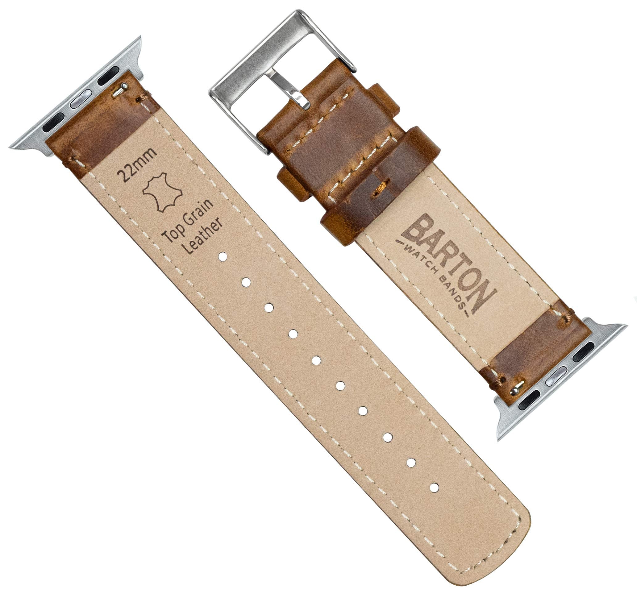 Barton Watch Bands   Caramel Tan Leather & Stitching Top Grain Leather Watch Bands Compatible With Apple Watch Models   1, 2, 3,
