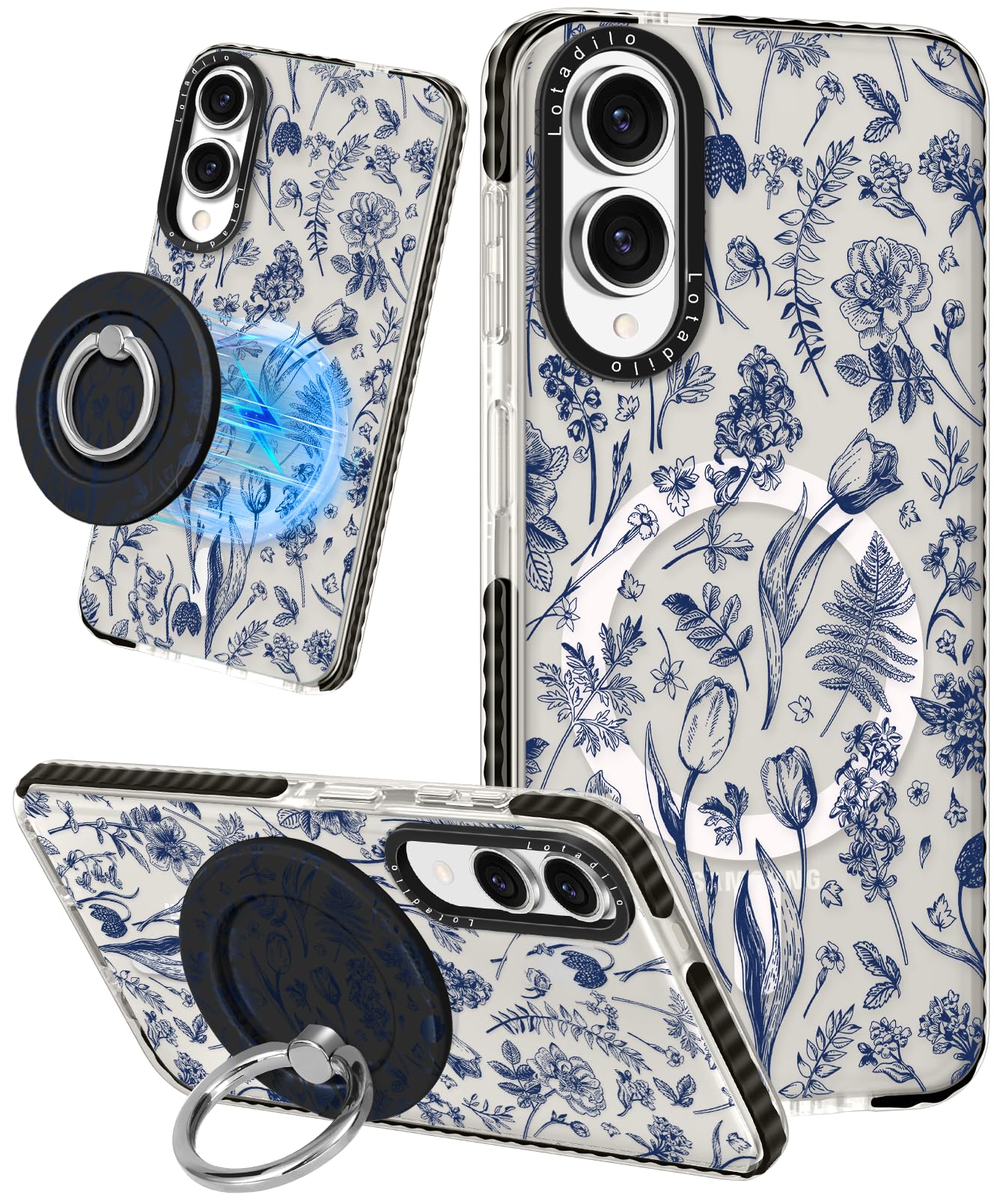 Lotadilo Cute Case for Samsung Galaxy S25 Edge for Women Girls - Funny Blue Line Flower Design Compatible with Magsafe Magnetic 