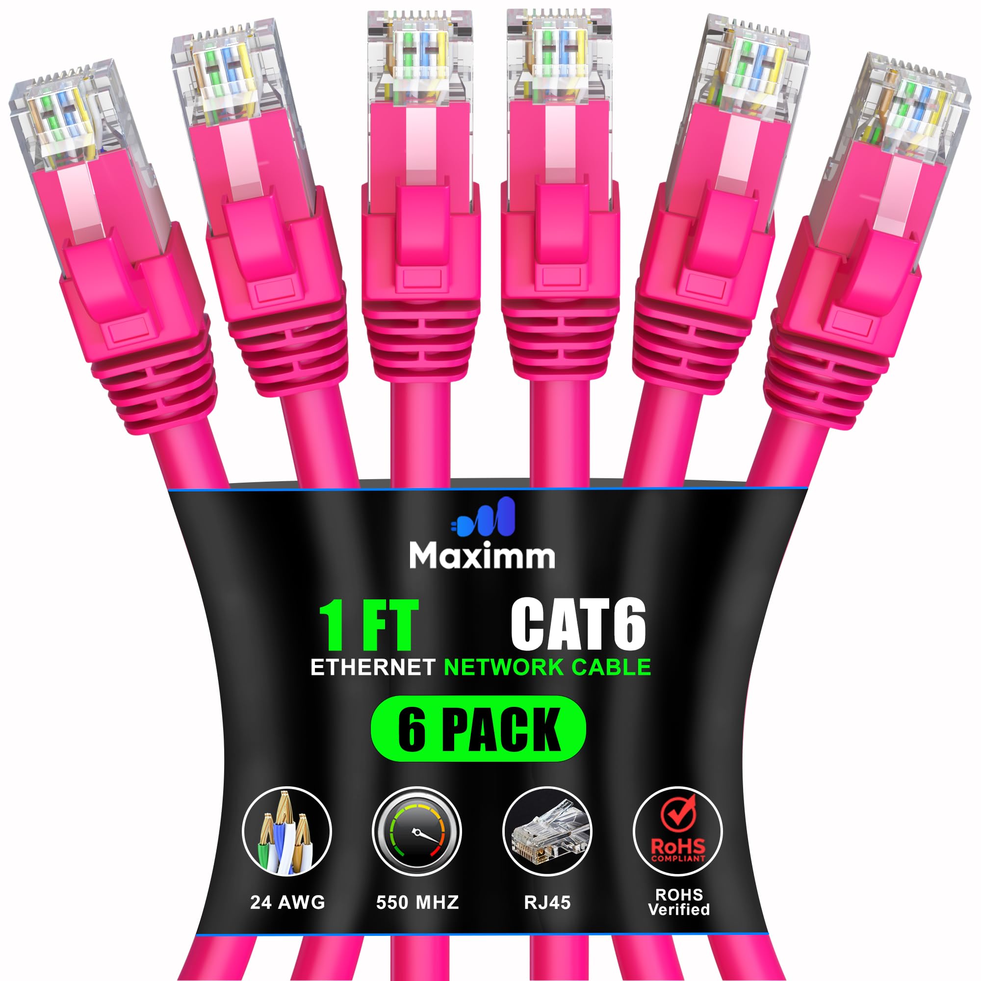 Maximm Cat 6 Ethernet Cable 1 Ft (6 Pack)   High Speed Lan Cable, Internet Cable, Patch Cable, And Network Cable   Utp, 10Gbps, 550Mhz Ethernet Cord   Pink