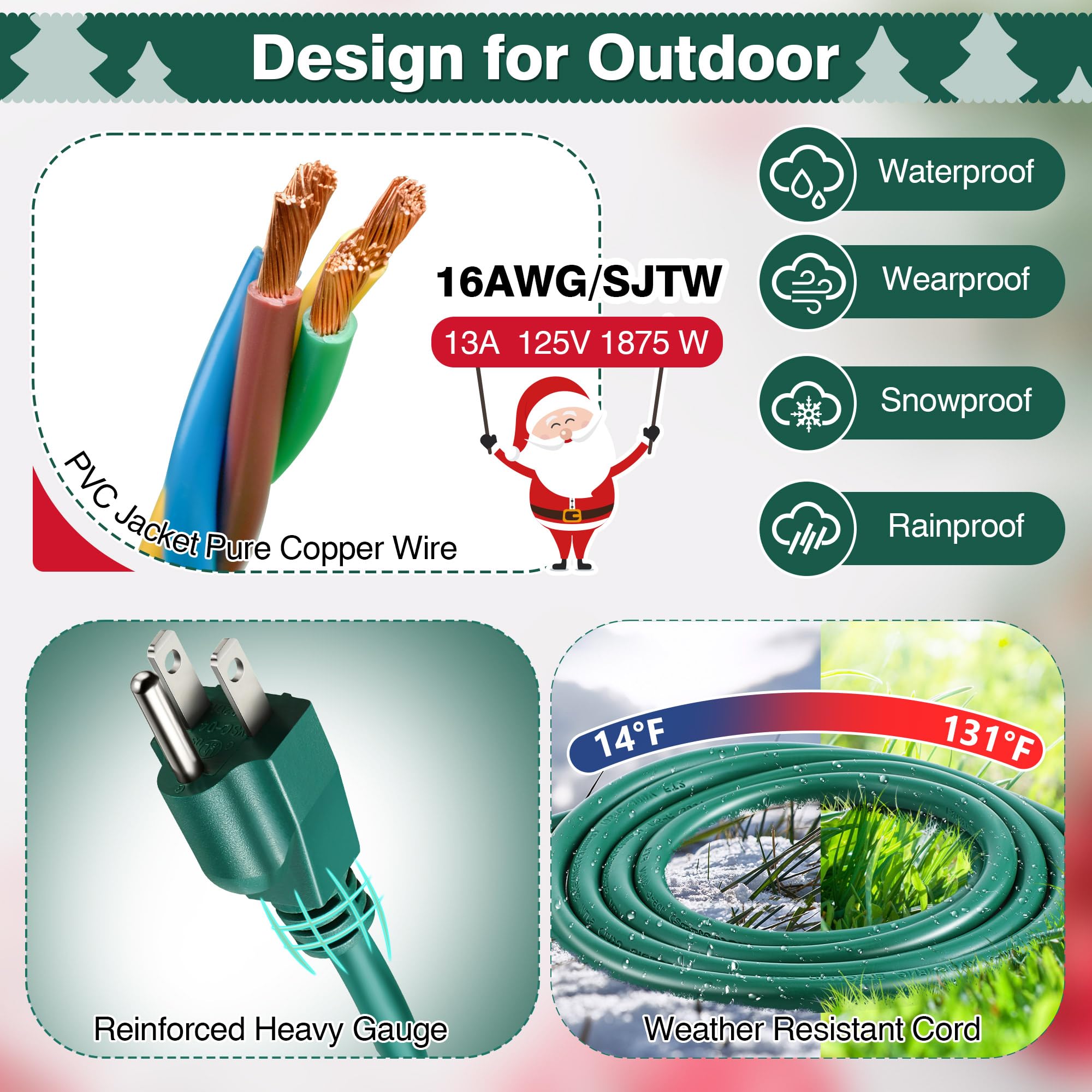 Feekoon 30 Ft Outdoor Extension Cord With Mechanical Timer And 6 Outlet Plugs, 16Awg Sjtw Green Power Cord With Safety Cover Hea