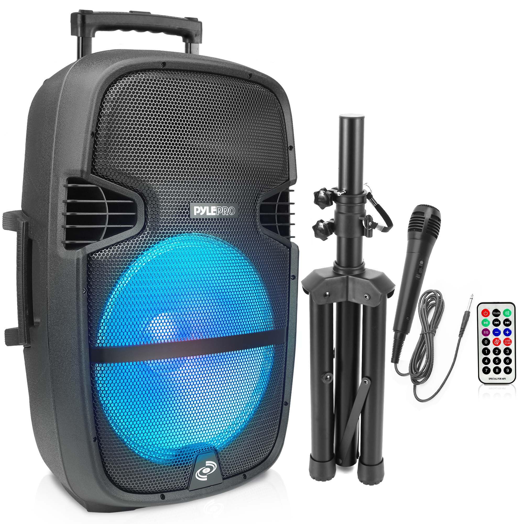 Pyle Portable Bluetooth PA Speaker System - 1000W Outdoor Speaker with 15 Subwoofer, USB/SD Reader, FM Radio, LED Lights, Wheels