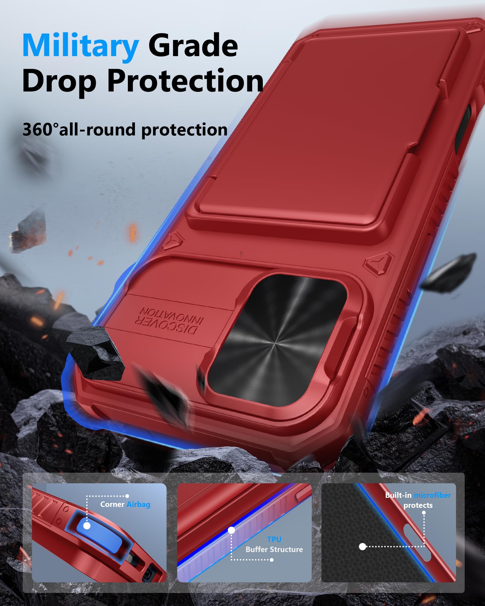 Atatoo For Iphone 16 Plus Case With Card Holder (Store 3 5 Cards) [Rfid Blocking] & Slide Lens Protector, Military Grade Protect