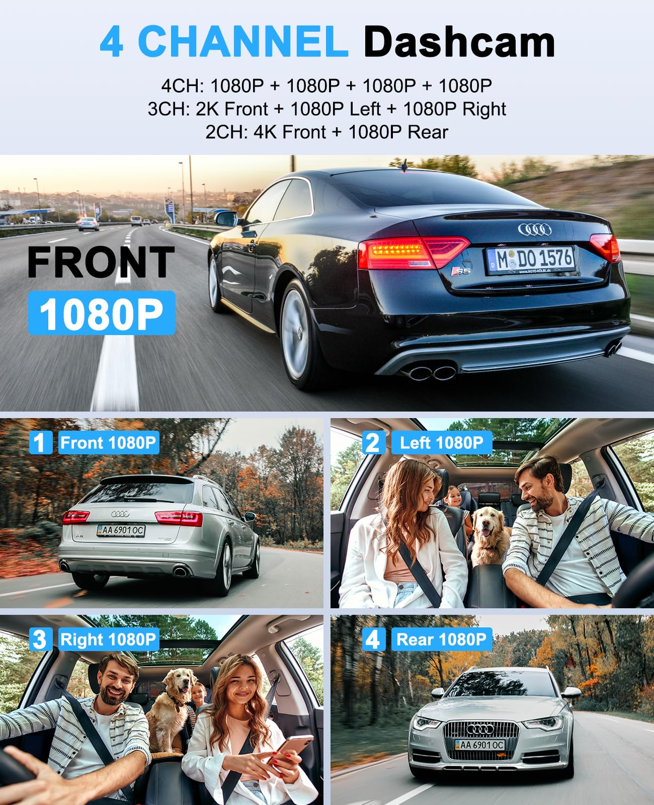 Dash Cam 4 Channel 360 Front Rear Inside Dashcam, 4K Full Hd Dashcam Car Camera, Free 128Gb Card, Built In Wi Fi Gps Dashcams, 3