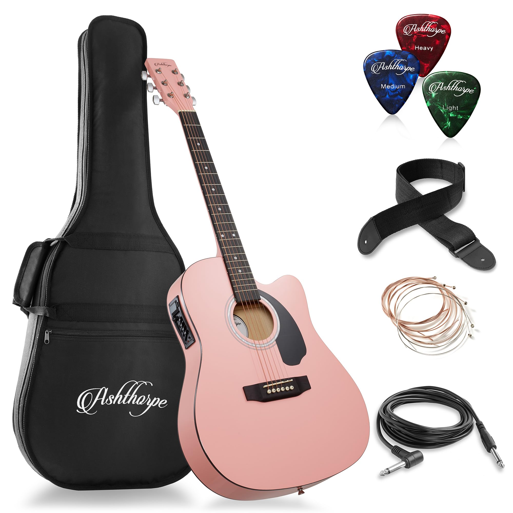 Ashthorpe Full Size Cutaway Thinline Acoustic Electric Guitar Package   Premium Tonewoods   Pink