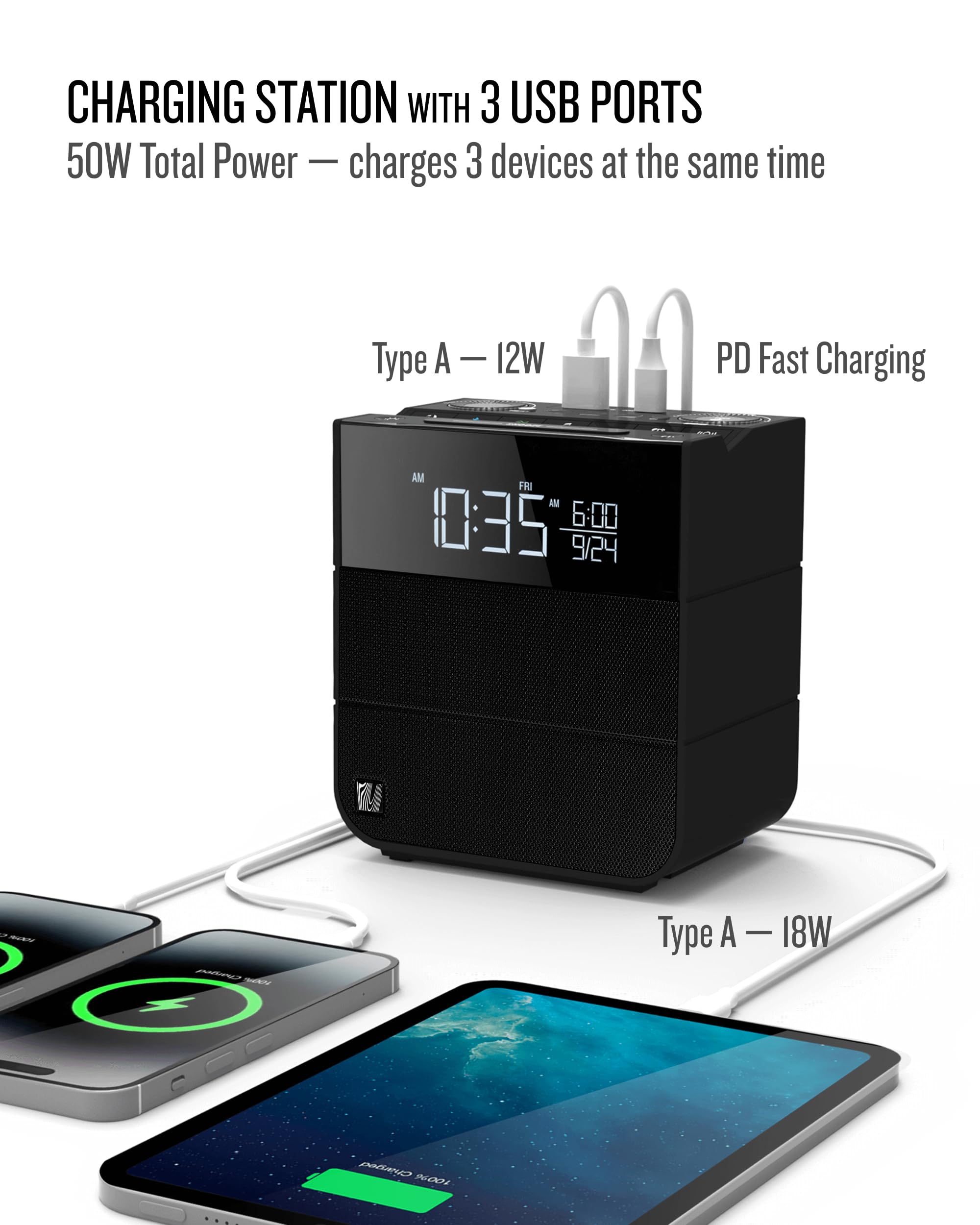 Soundfreaq Sound Rise Ii, Sfq 16: Bedside Alarm Clock Radio & Bluetooth Speaker, With Large Display Screen, Fm Radio, Fast Usb C