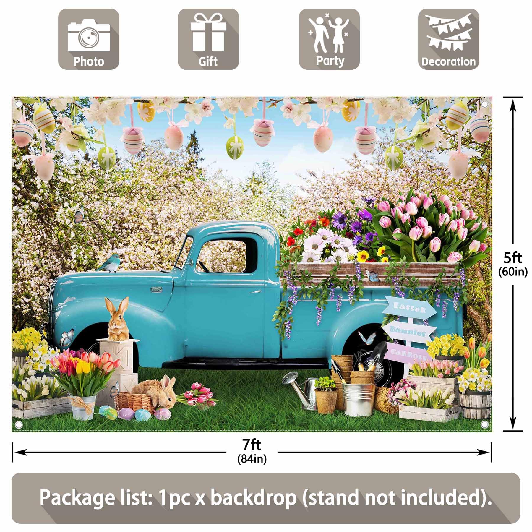 Zthmoe 7X5Ft Fabric Spring Easter Photography Backdrop Blue Truck Colorful Eggs Flowers Rabbit Background Tulip Floral Forest Ph