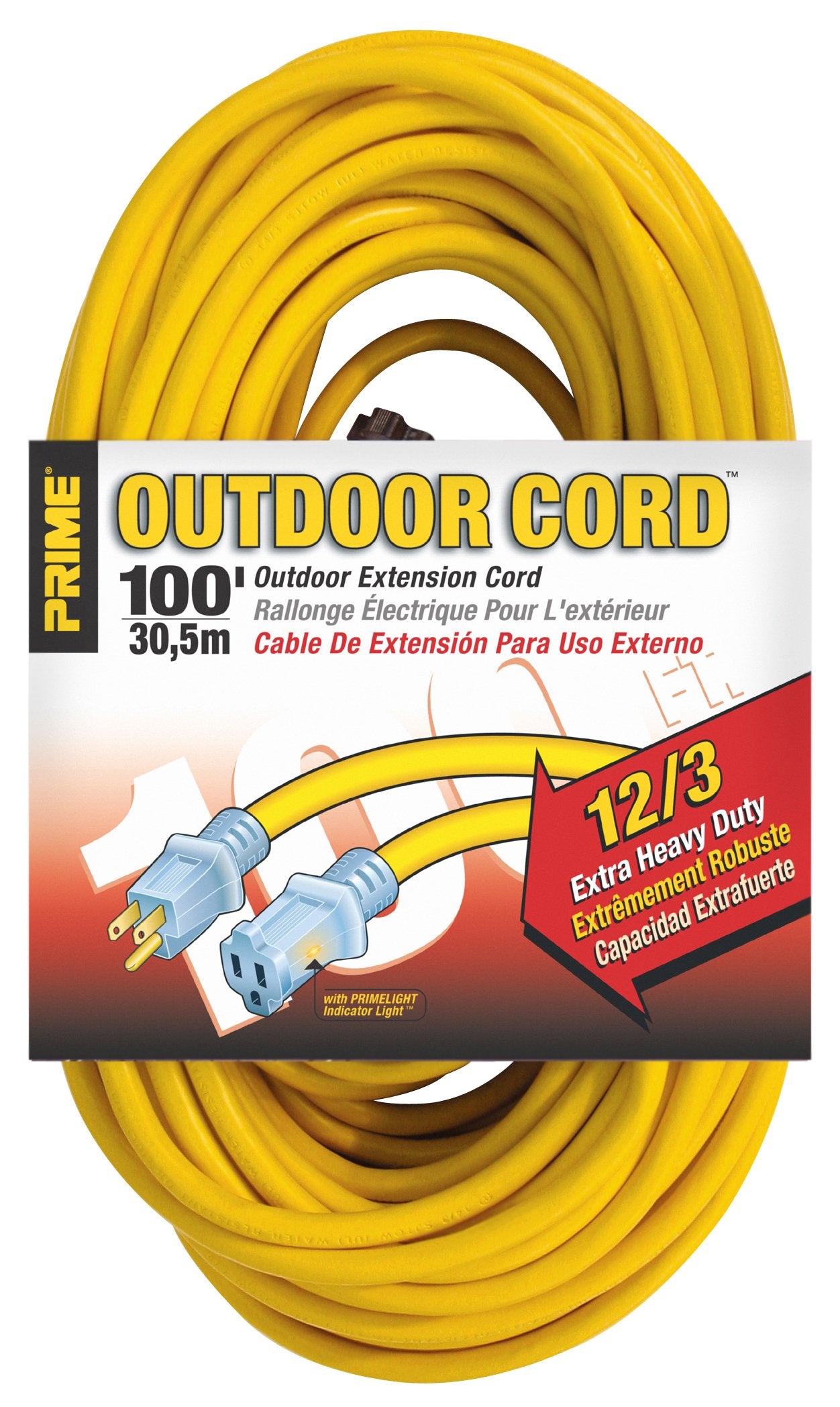 Prime EC511835 100-Foot 12/3 SJTW Jobsite Outdoor Extension Cord with Primelight Indicator Light, Yellow
