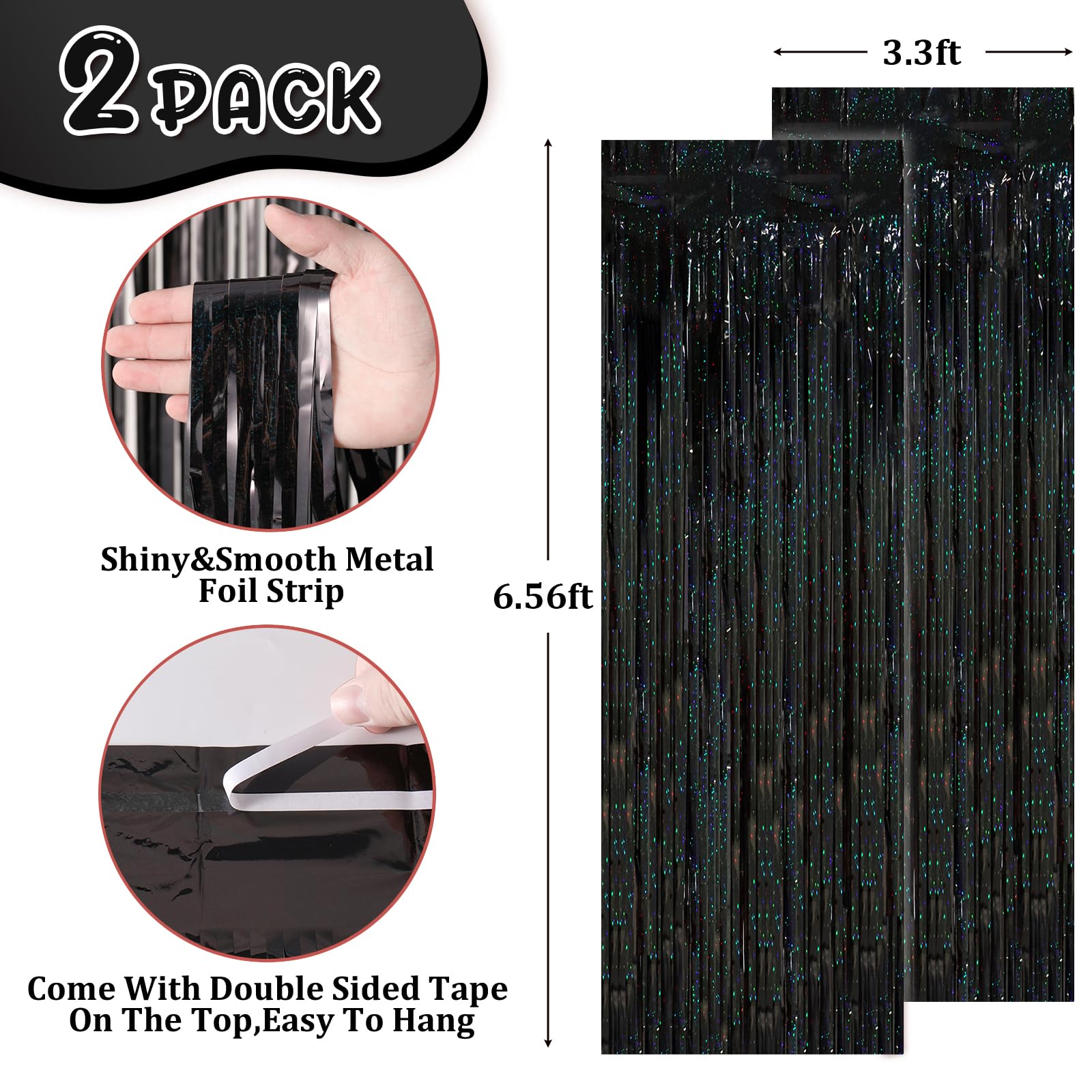 Voircoloria 2 Pack Laser Black Tinsel Foil Fringe Curtains, Black Party Decorations, Metallic Tinsel Party Streamers Backdrop Fo