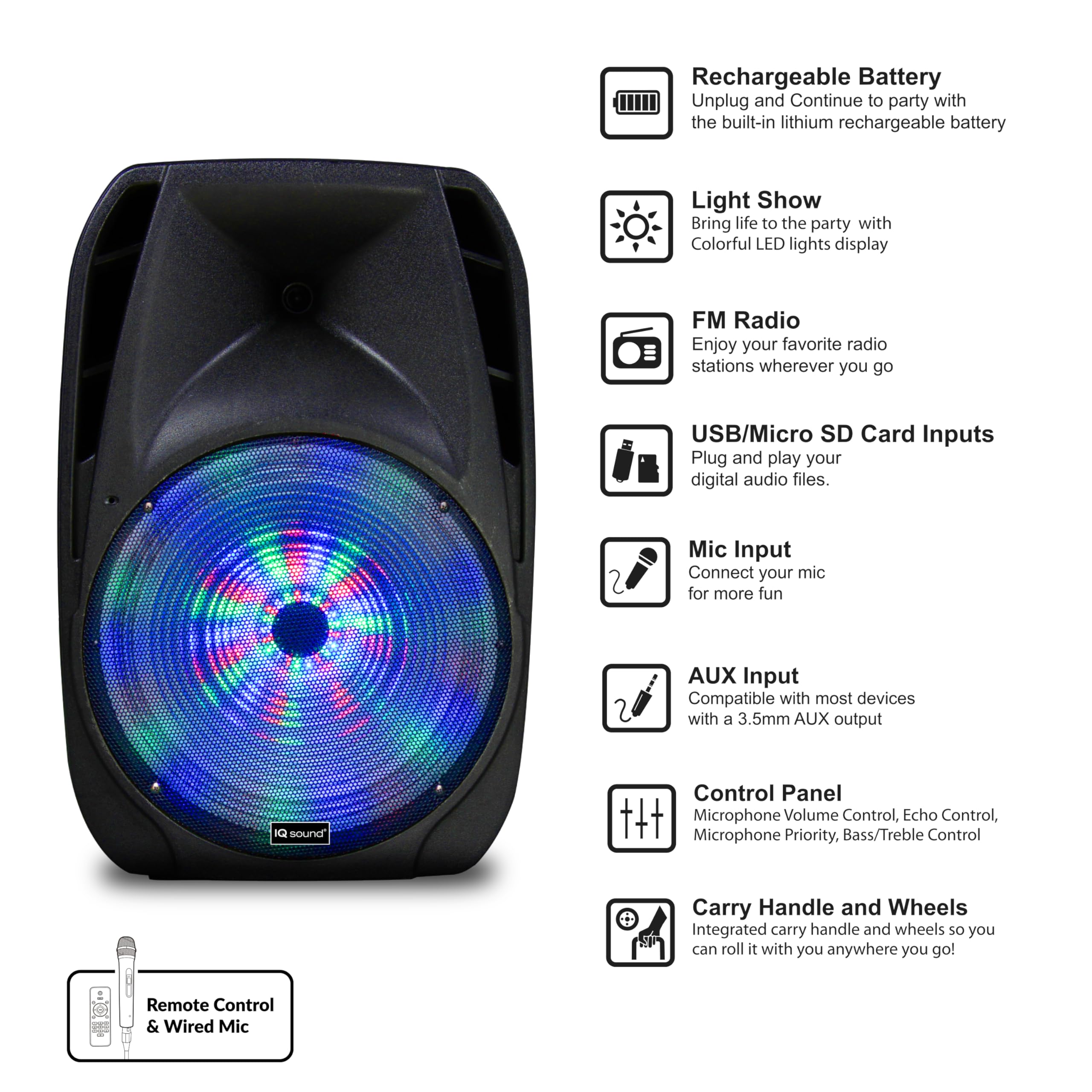 Iq Sound Iq-4415Djbt 15-Inch Professional Bluetooth Speaker With Tripod Stand, 900 Watts, Moonlight Glow, Usb/Micro Sd/Mic Input