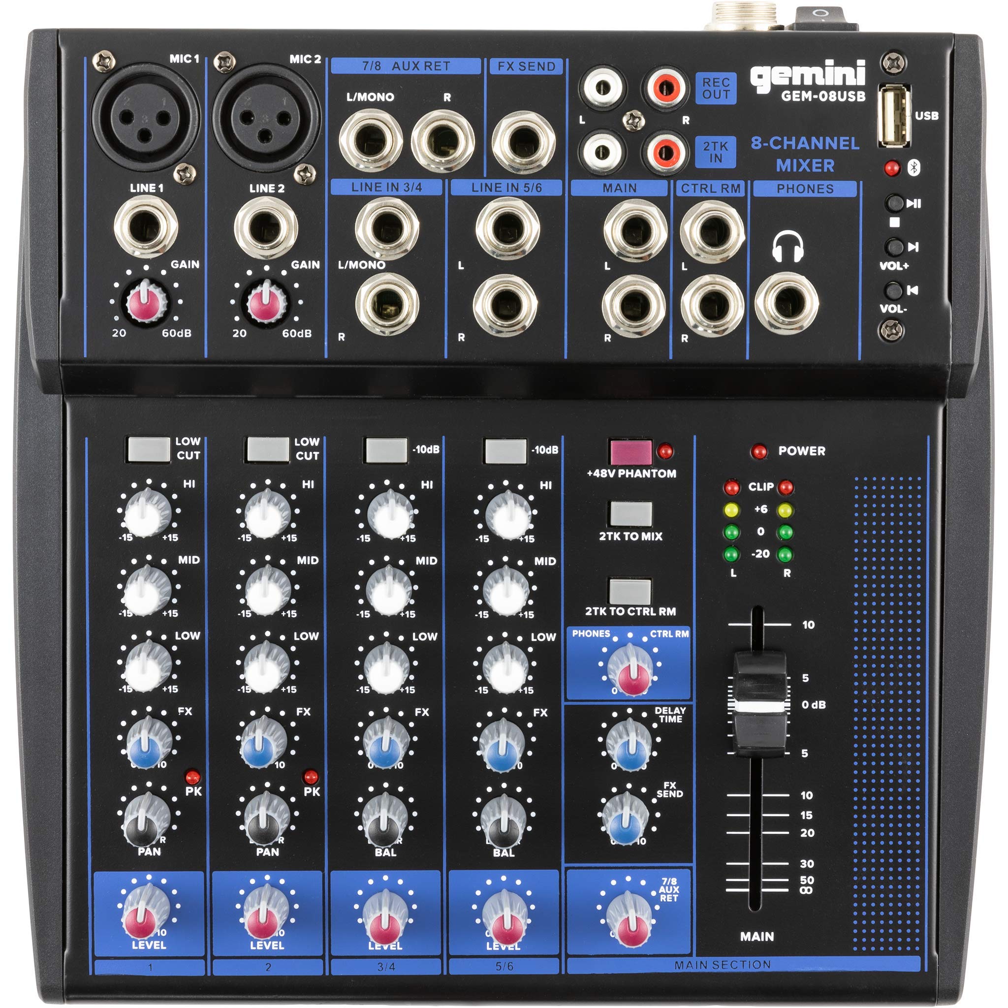 Gemini Sound Gem 08Usb   8 Channel Bluetooth Audio Mixer, Professional Compact Dj Mixer With Usb Playback, Phantom Power, 3 Band Eq, And Adjustable Fx