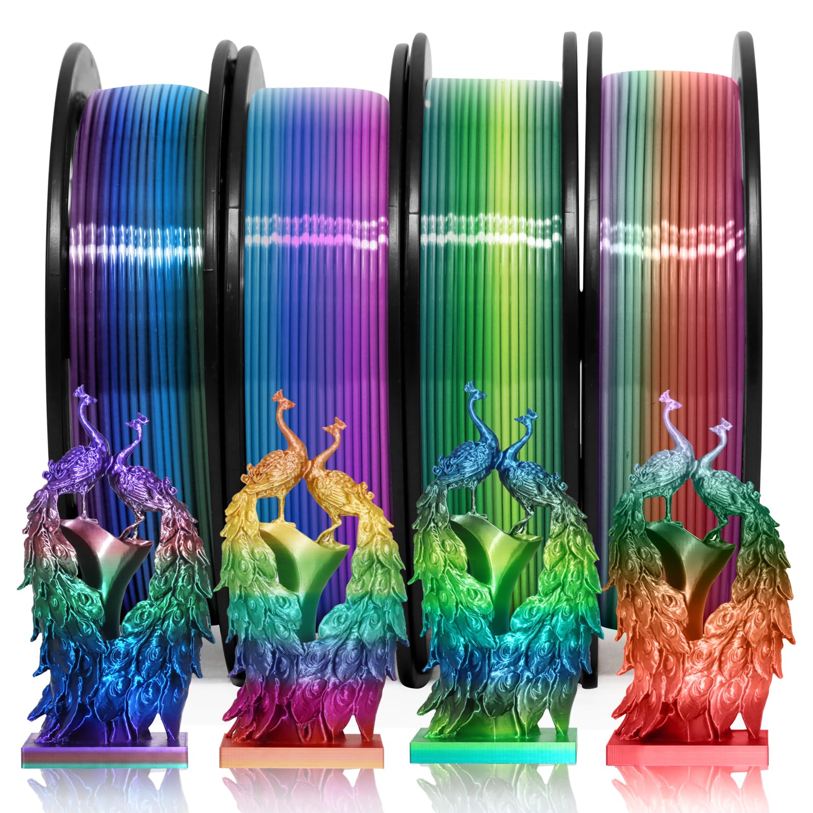 YOUSU 1.75mm Silk Shiny 4 Types Rainbow Multi Colored Fast Color Change PLA 4 in 1 3D Printer Filament Bundle: 4 Types Multi Col