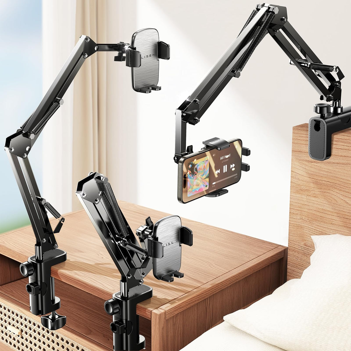 Lisen For Gooseneck Phone Holder For Bed Desk [3Rd Upgrade] Cell Phone Stand For Desk Bed Iphone Holder Laying Down,Flexible Arm