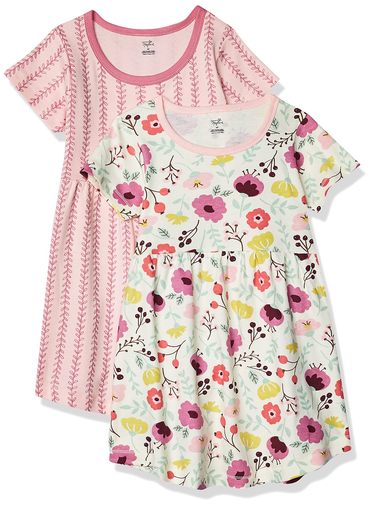 Touched By Nature Baby Girls Organic Cotton Short Sleeve And Long Sleeve Dresses Casual Dress, Toddler Botanical Short Sleeve, 5